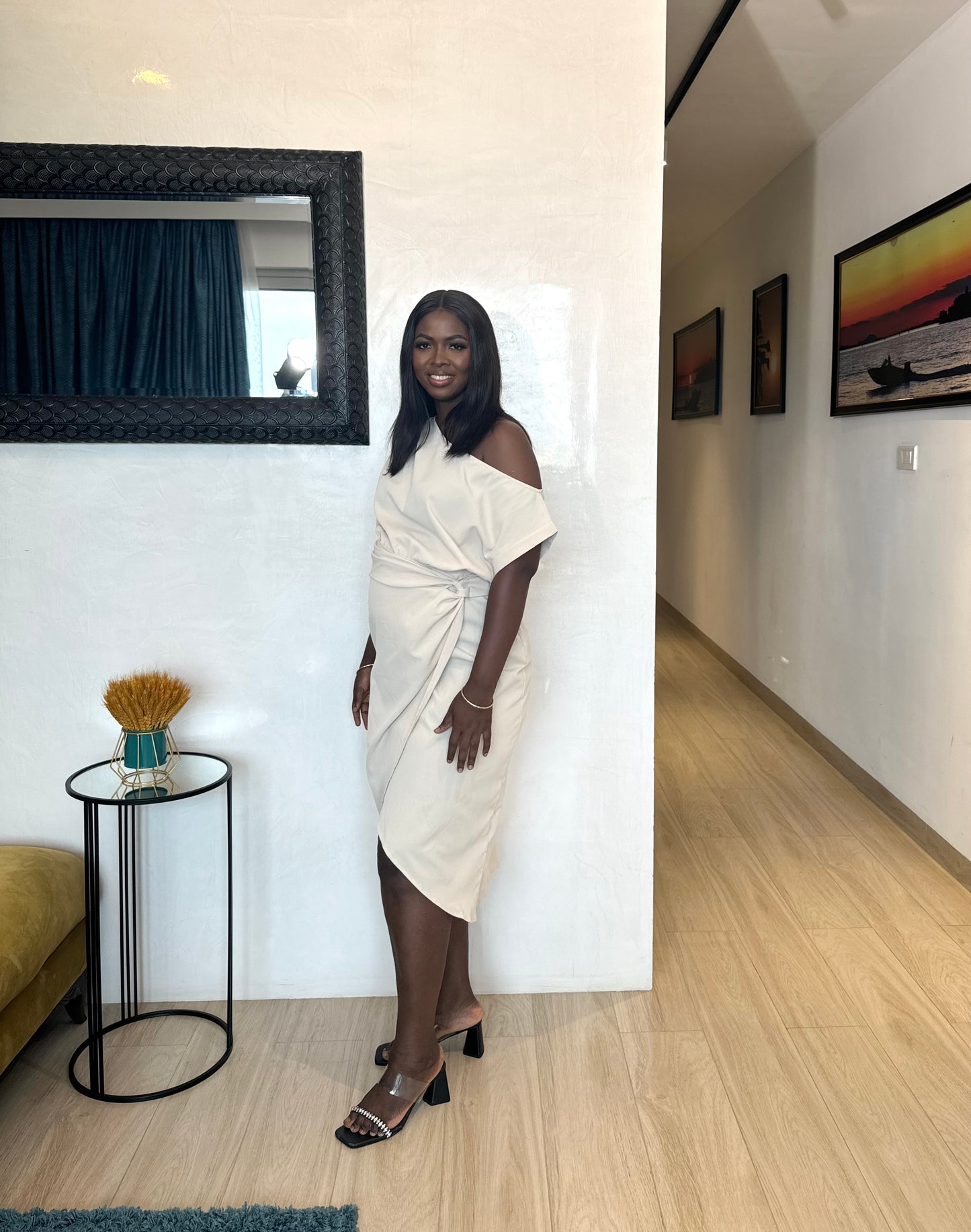 Nude Assymetrical Sleeve Maternity Wrap Front Dress