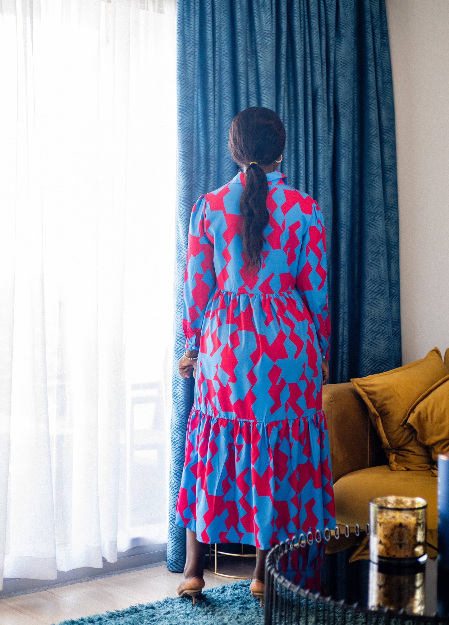 Blue and Fuschia Maternity/Nursing Tiered Smock Midi dress