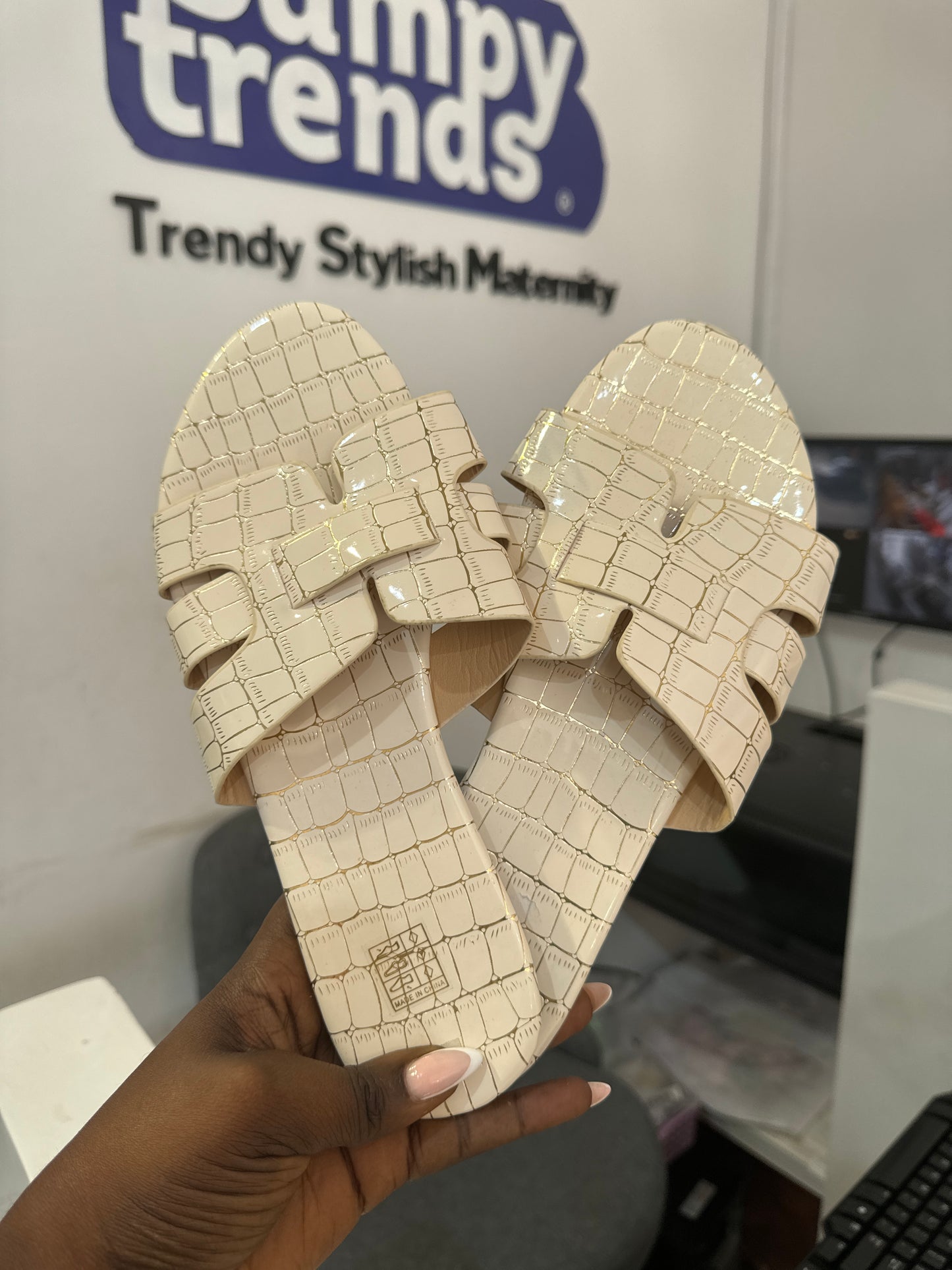 Crocodile Embossed Cut Out Slide Sandals