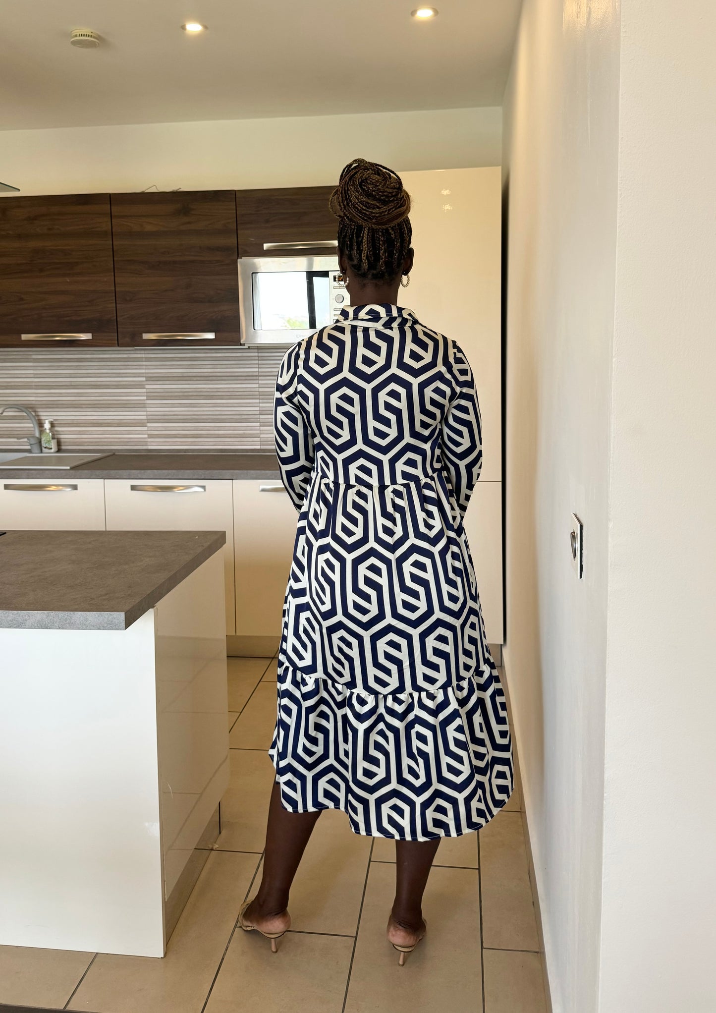 Geometric Print Button Top Maternity/Nursing Smock Dress