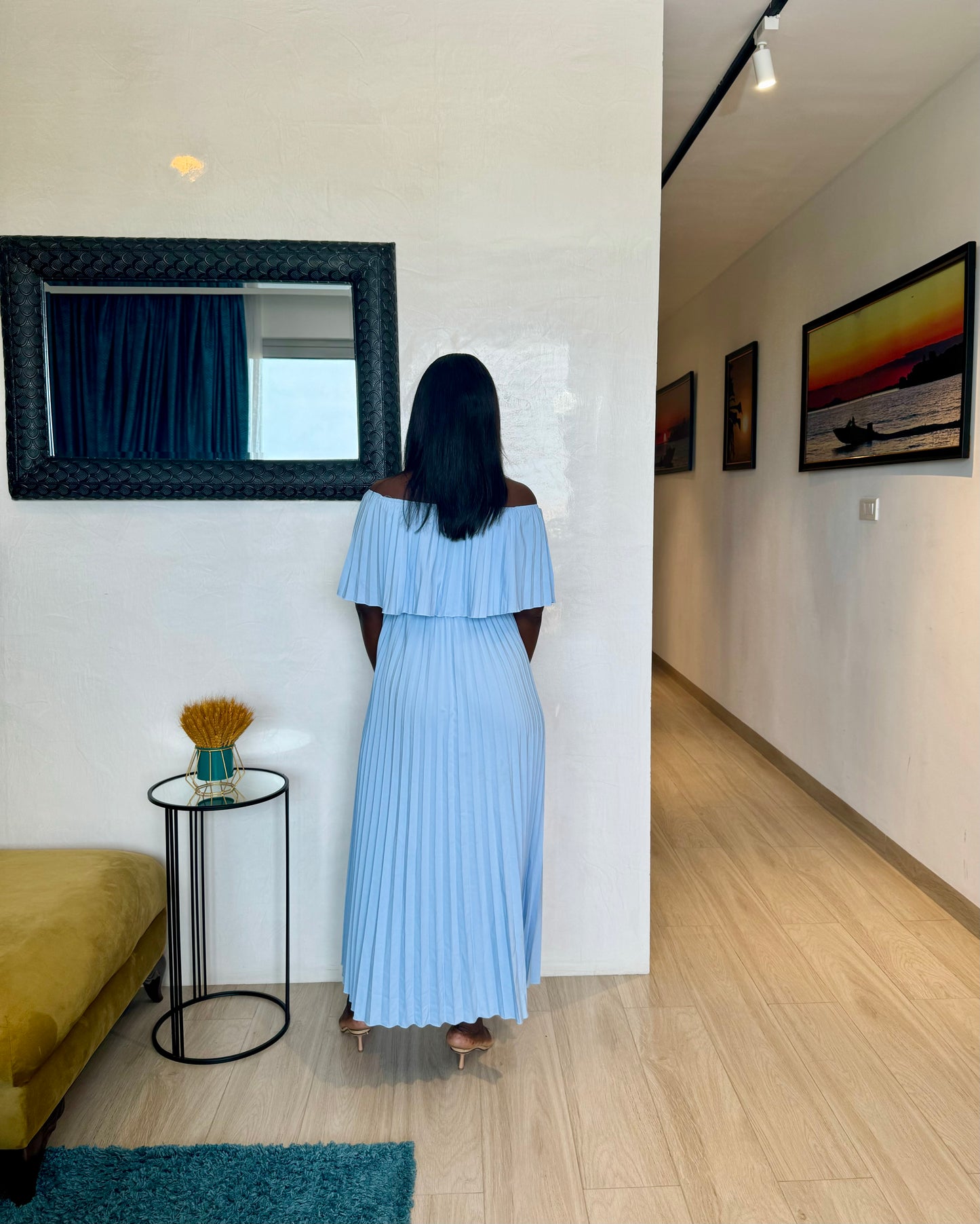Baby Blue Off Shoulder Pleated Maternity Midi Dress