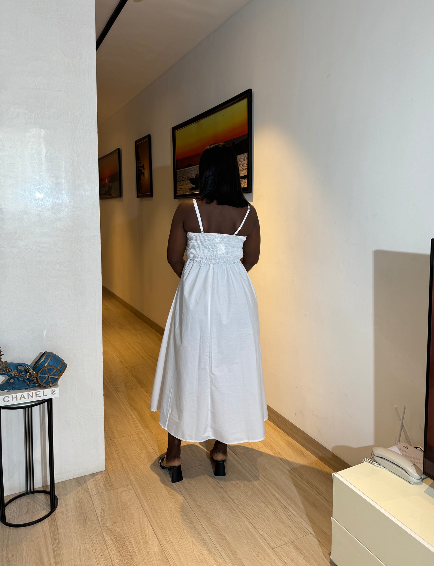 White Removable Strap Midi Cotton Maternity Dress