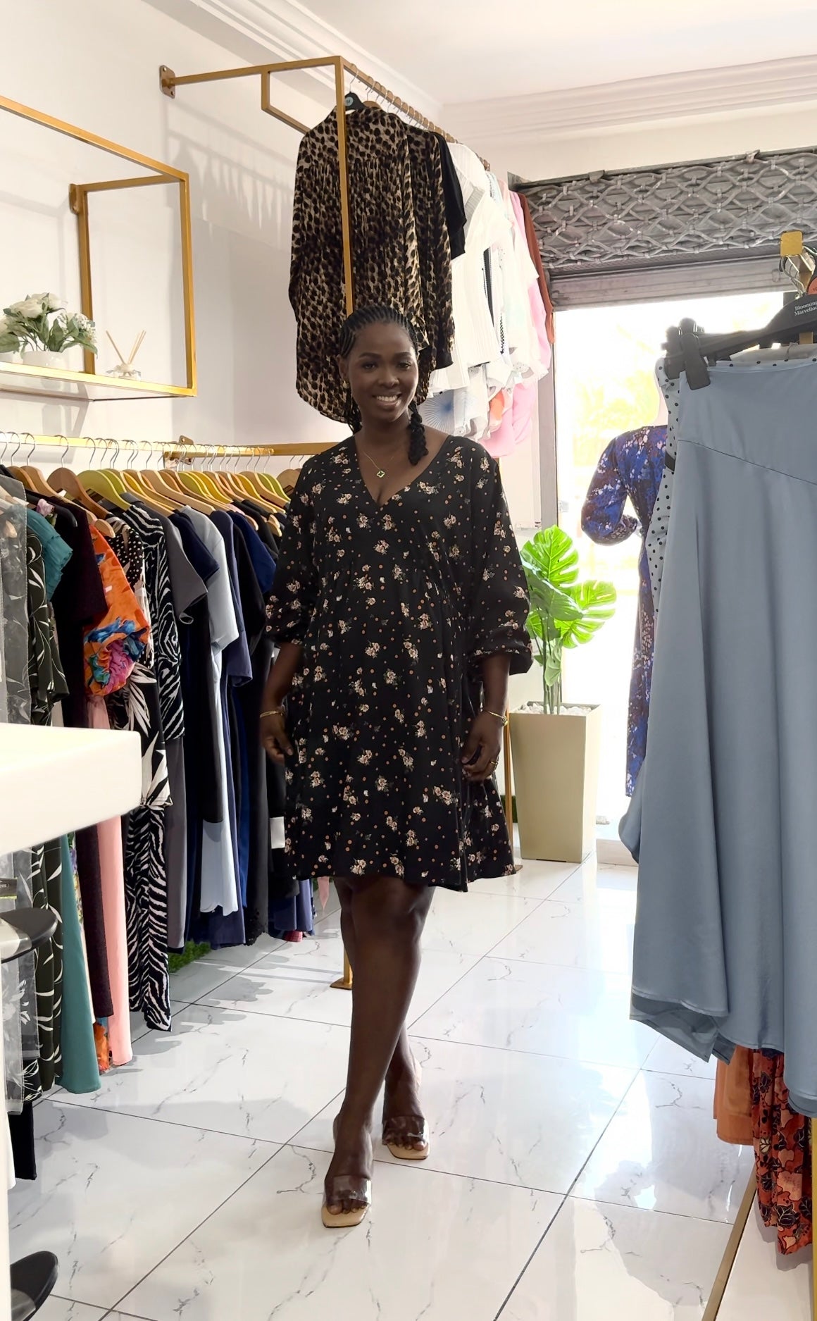 V-Neck Long Sleeve Black Floral Smock Dress