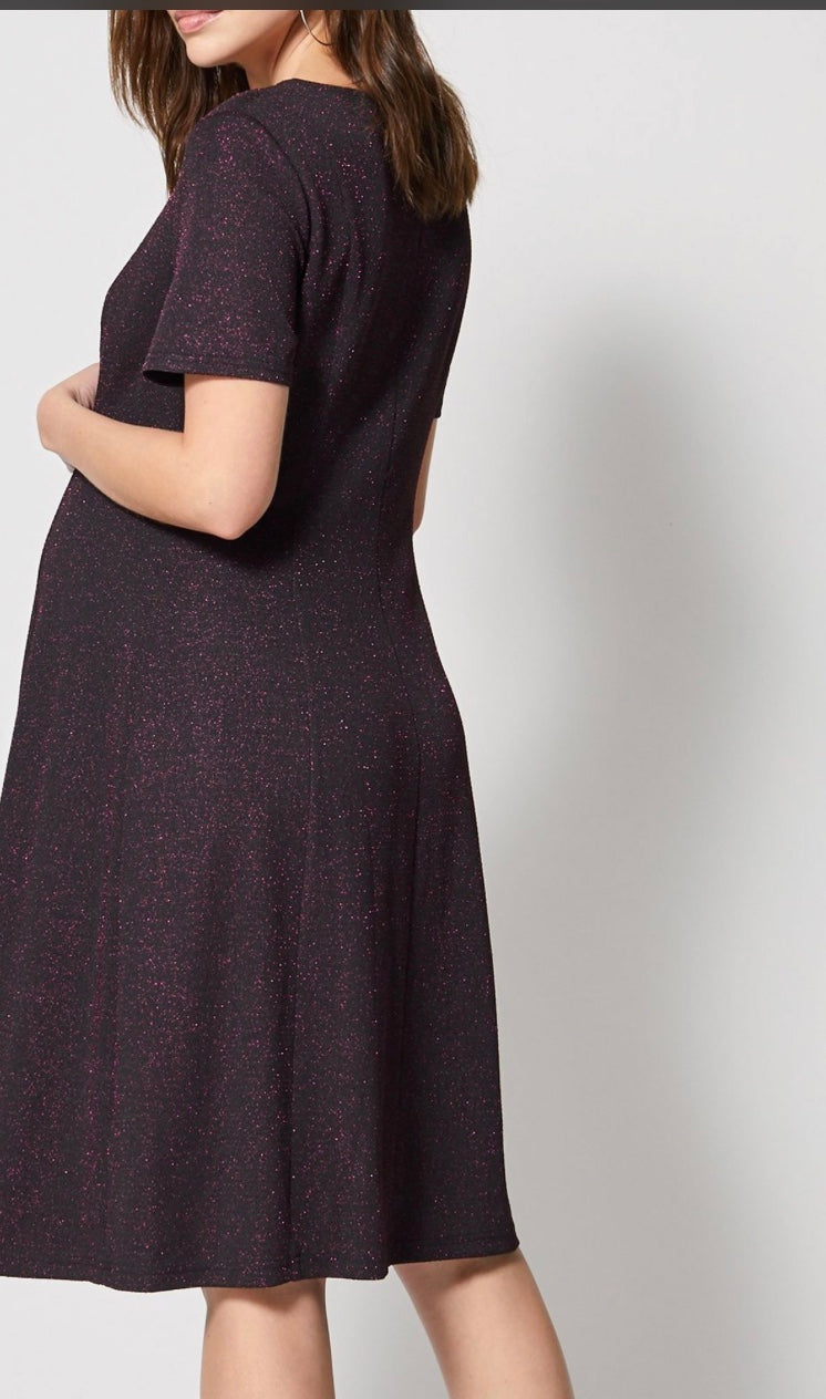 Pink Glitter Maternity Black Flare Dress