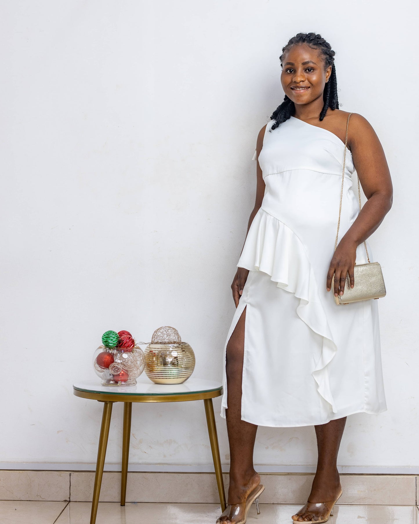One Shoulder Split Front Ruffle White Maternity Dress
