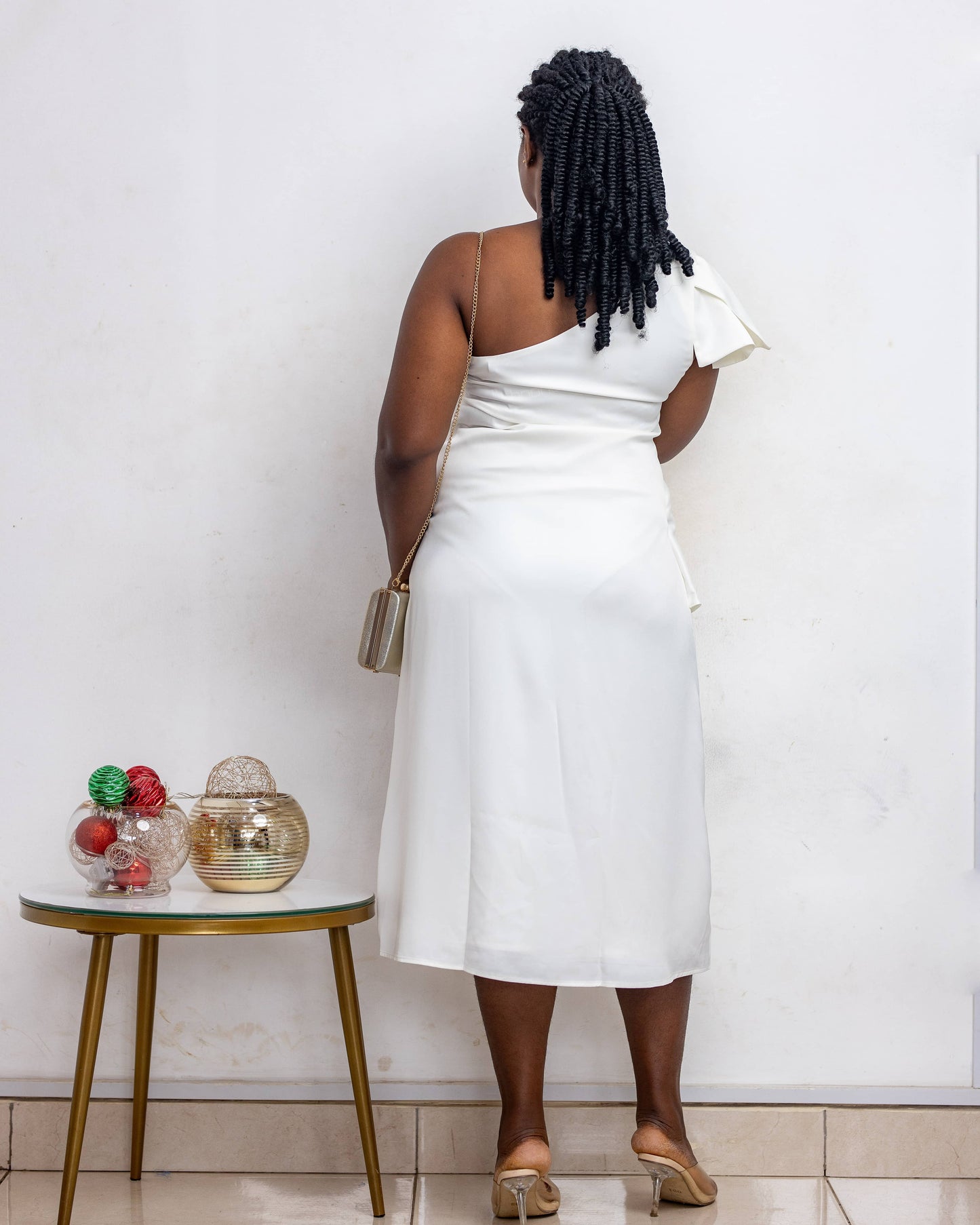 One Shoulder Split Front Ruffle White Maternity Dress