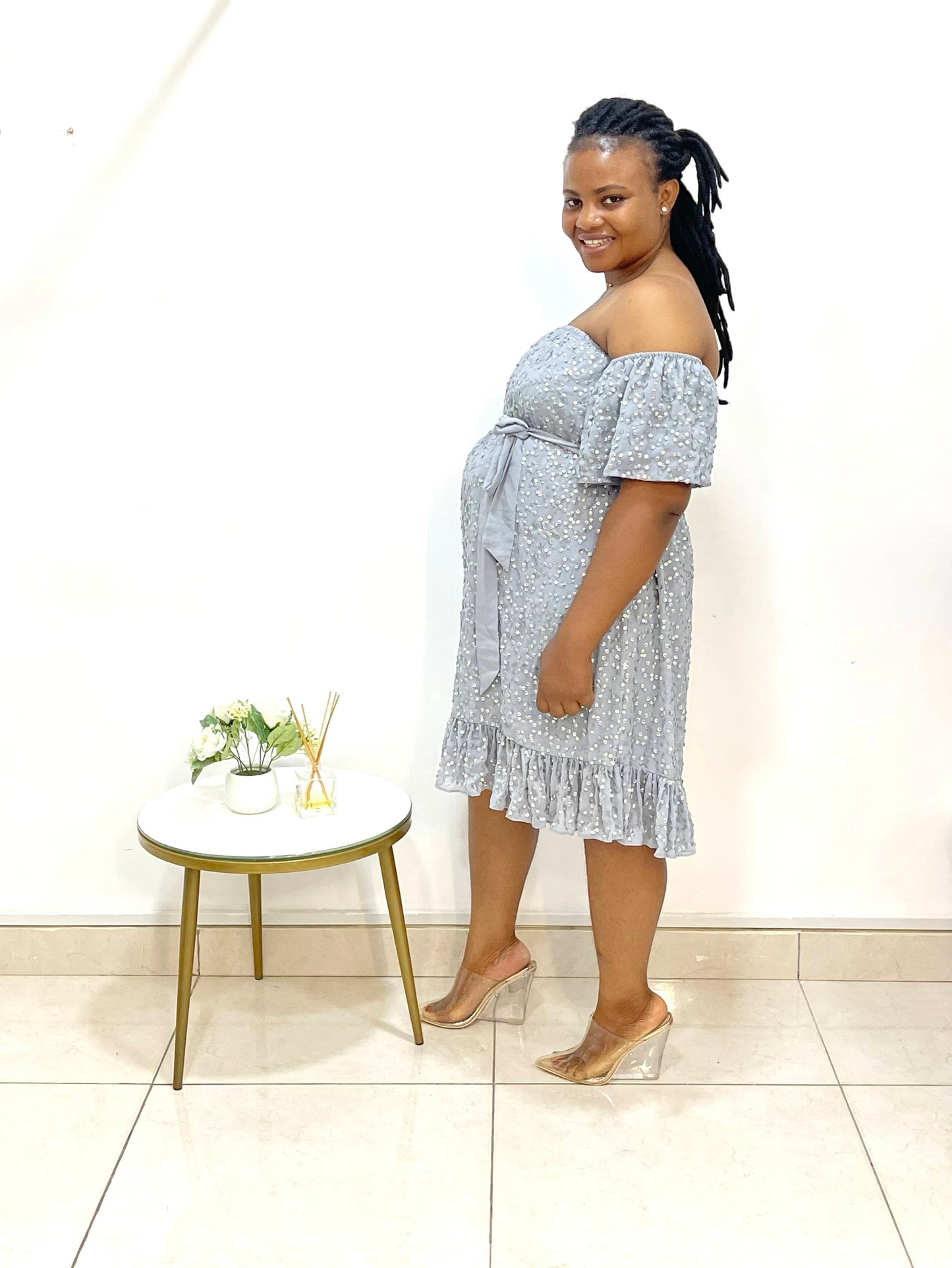 Off Shoulder Sequin Belted Maternity Dress