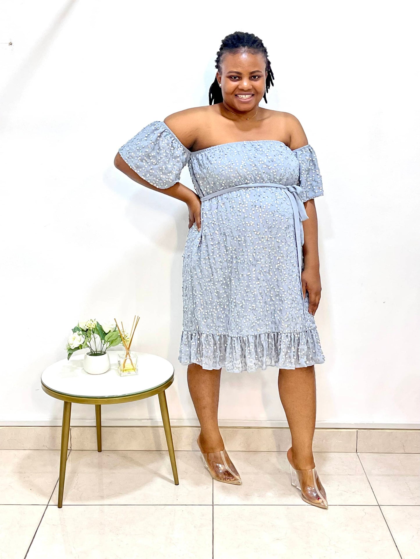 Off Shoulder Sequin Belted Maternity Dress