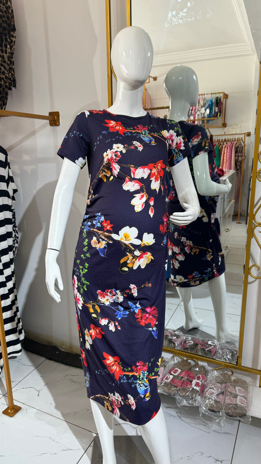 Navy Floral Maternity Bodycon Dress for Pregnant Women
