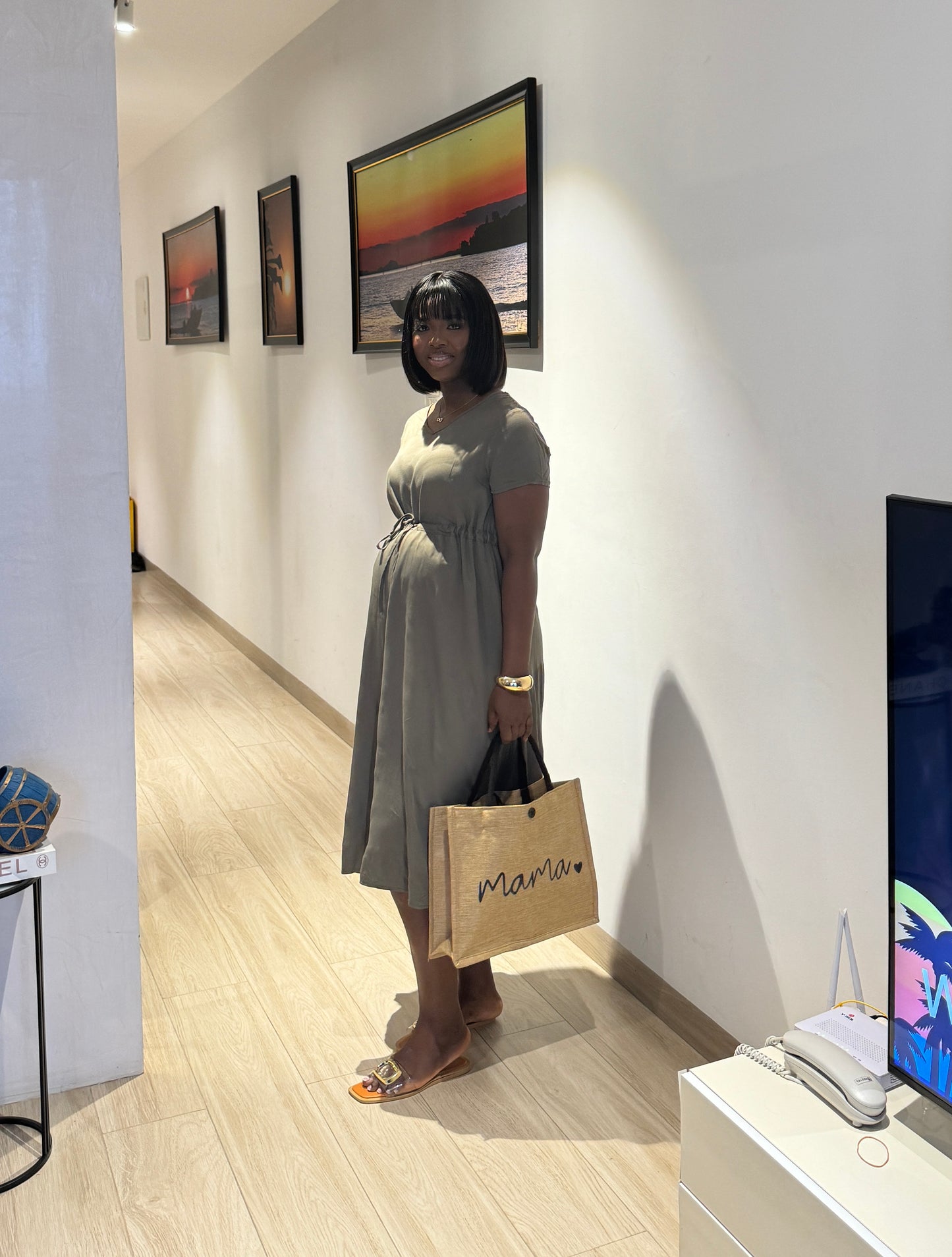 Green Drawstring Maternity Skater Dress