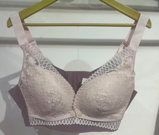 Pink Lace Overlay on Maroon Front Opening Nursing Bra