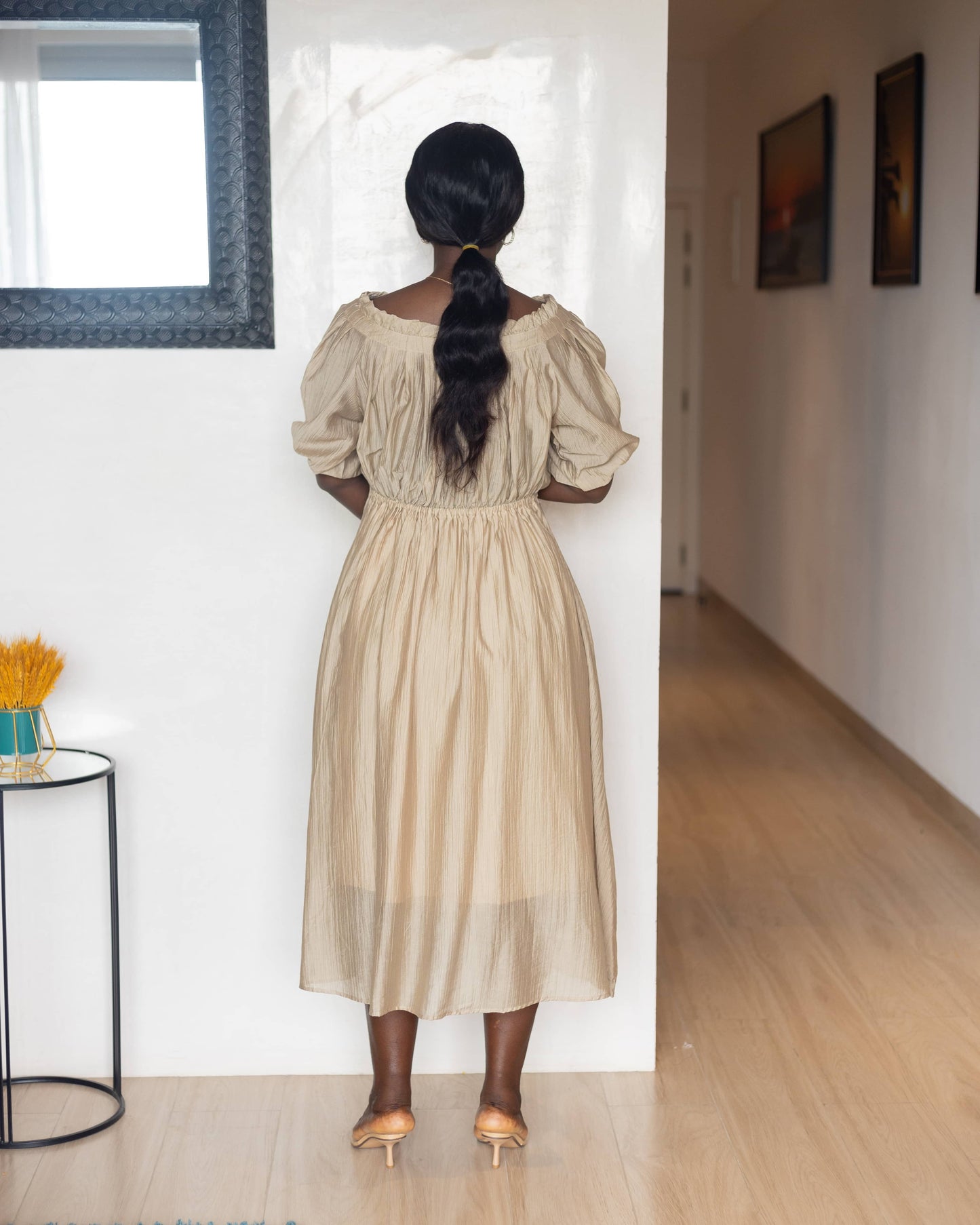 Nude Elastic Waist Maternity Midi Skater Dress