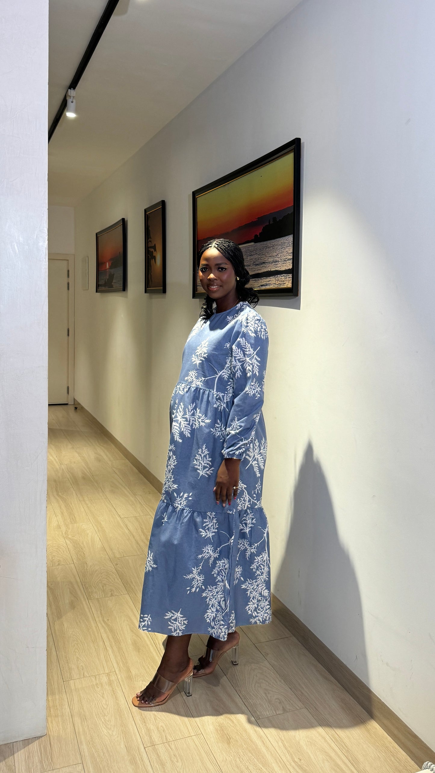 Leaf Print Chambray Tiered Maternity Smock Dress