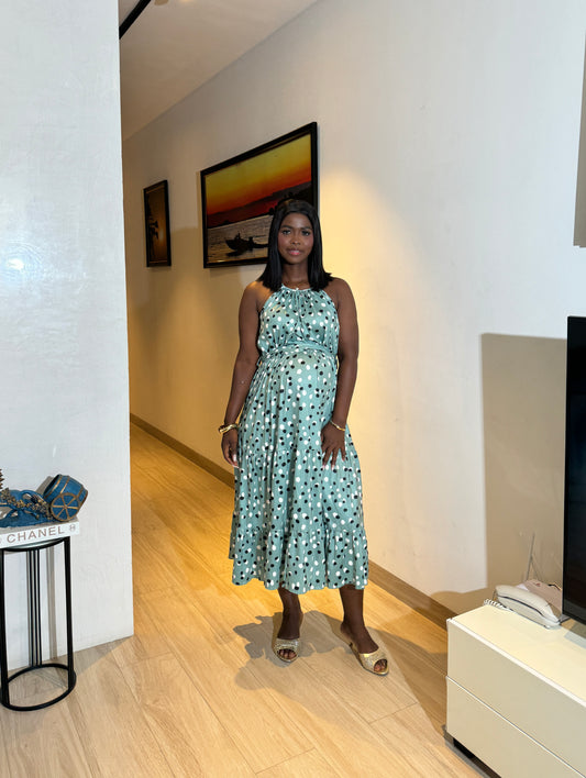 Halterneck Tiered Polka Dot Maternity Green Dress