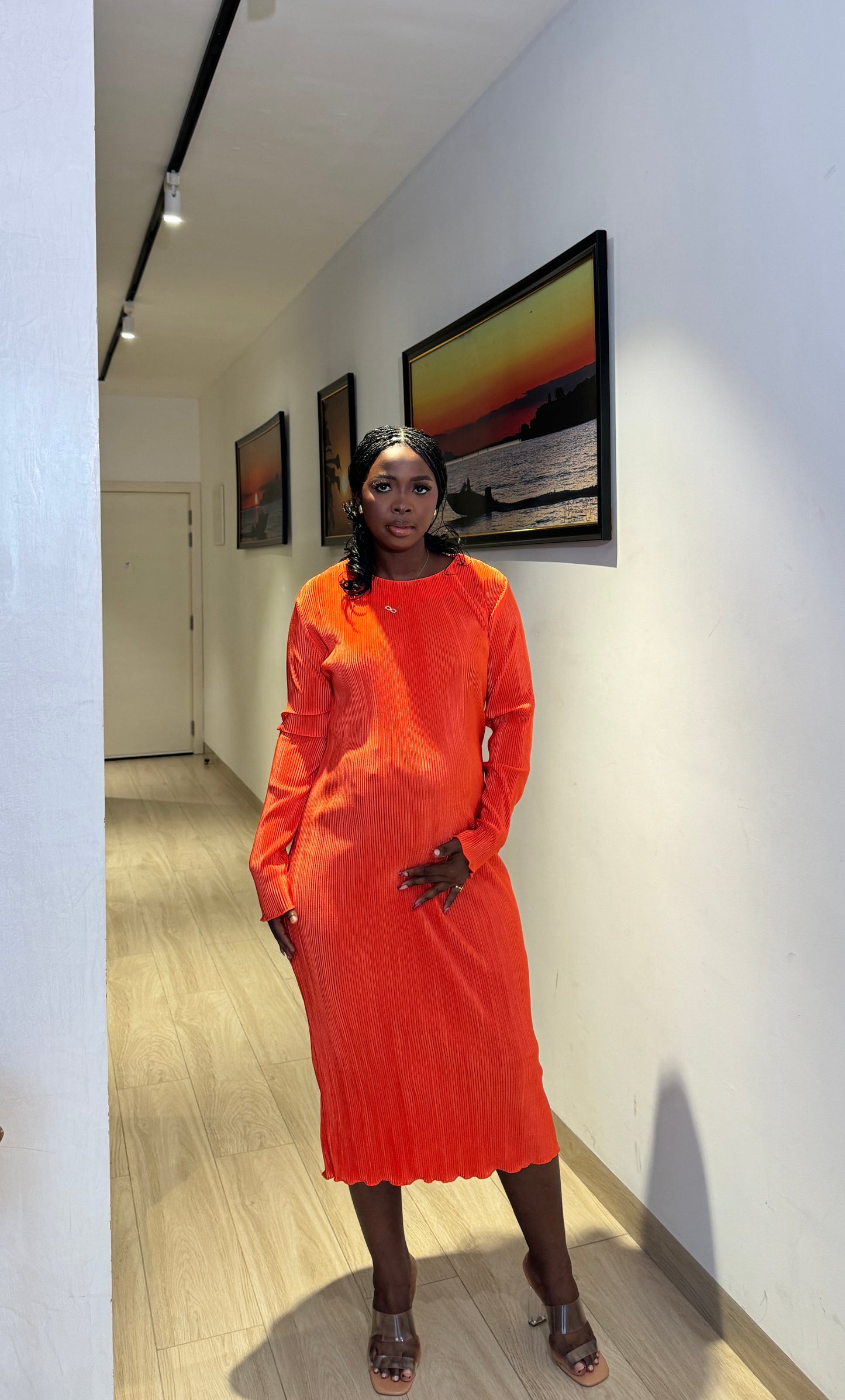 Orange Stretchy Micro Pleated Maternity Midi Dress For Pregnant Women