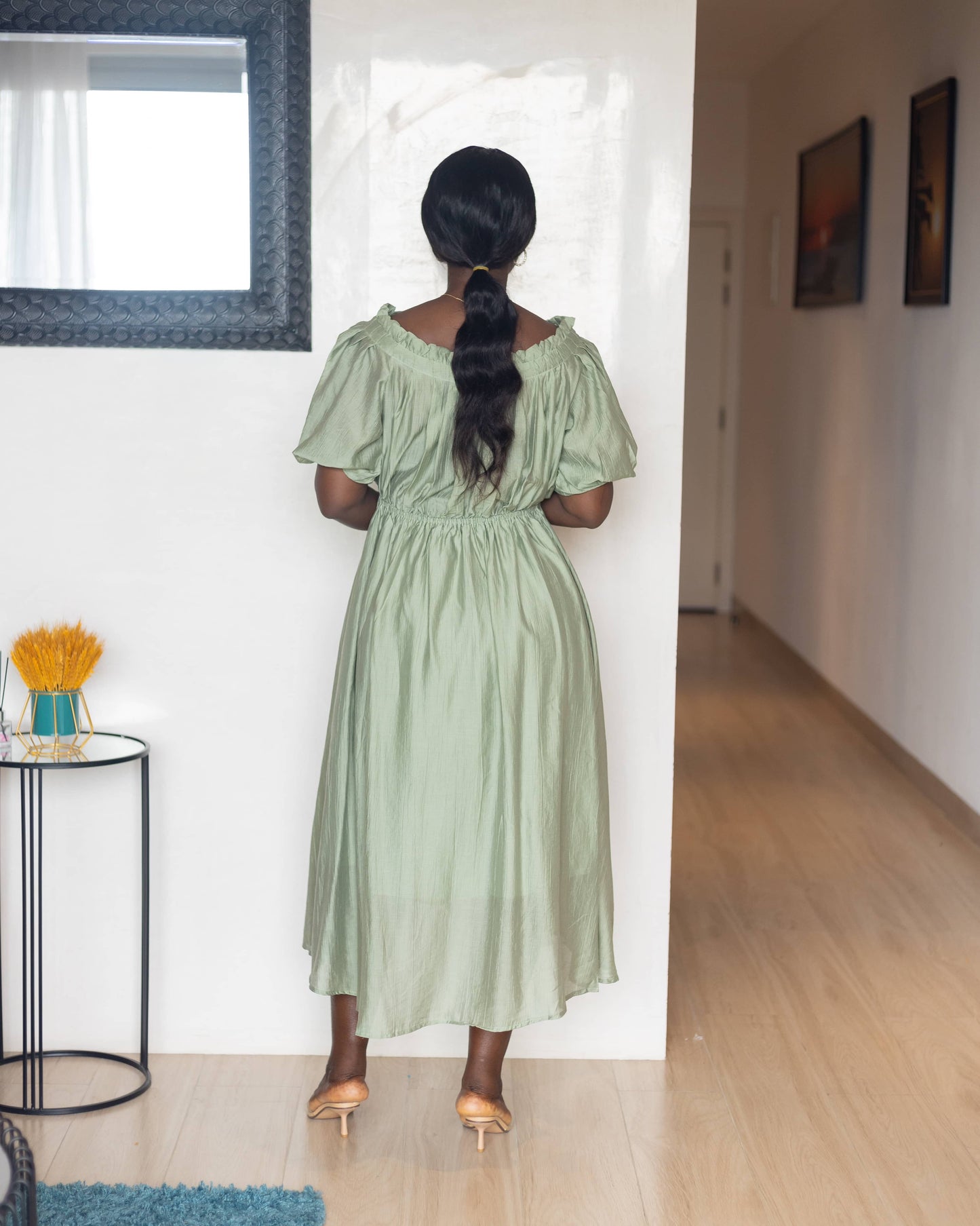 Green Elastic Waist Maternity Midi Skater Dress