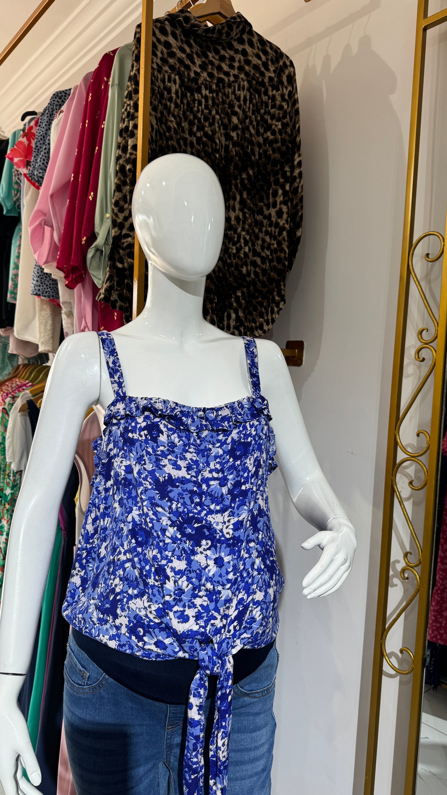 Tie Hem Maternity Blue Floral Sleeveless Top