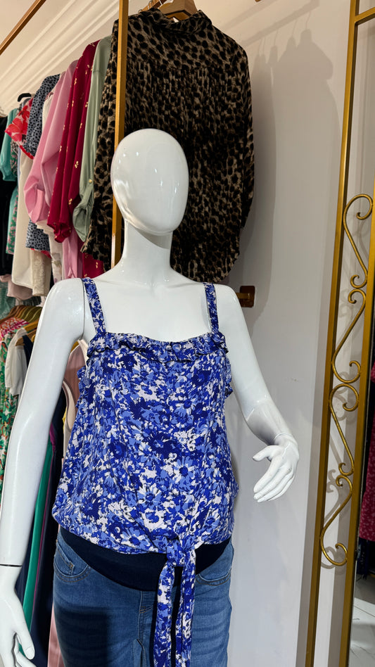 Tie Hem Maternity Blue Floral Sleeveless Top