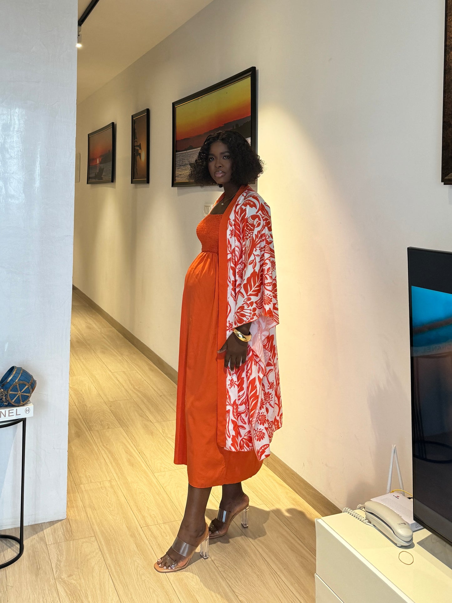 Orange Maternity 2in1 Kimono Dress Set