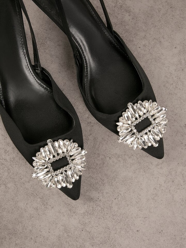 Closed Toe Black Diamante Front Detail Slingback Pumps