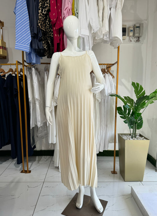 Cream Strapless Sleeve Pleated Maternity Midi Dress