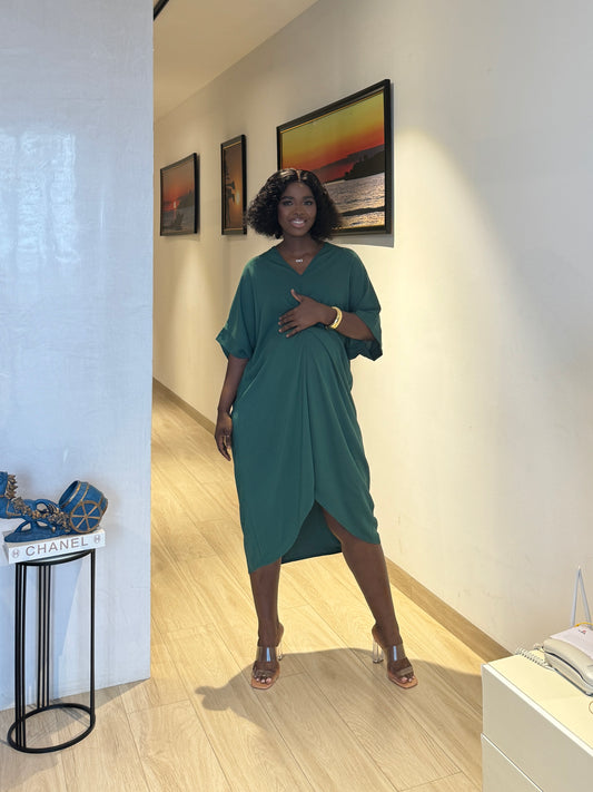 Green Maternity Twist Front Dip Hem Kaftan