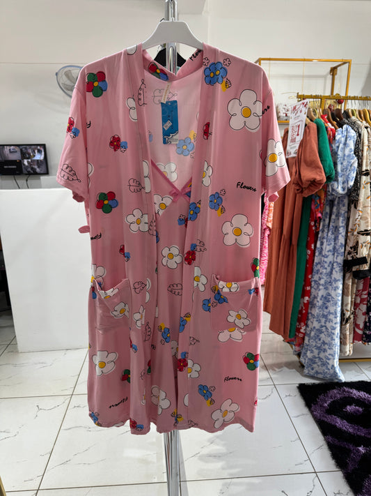 2 in 1 Pink “Daisy Flower Print” Nursing Nightgown and Robe Belted Set.