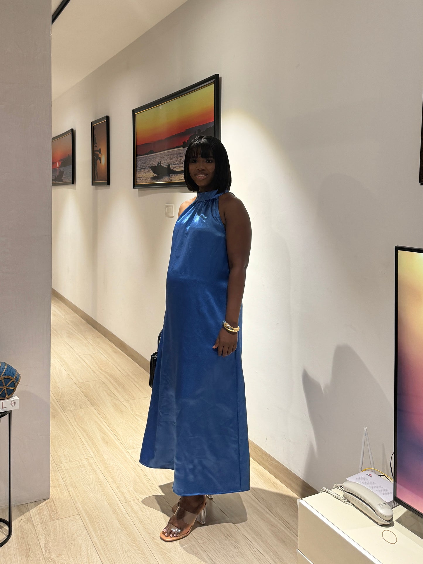 Cobalt Blue Satin Maternity Halterneck Maxi Dress