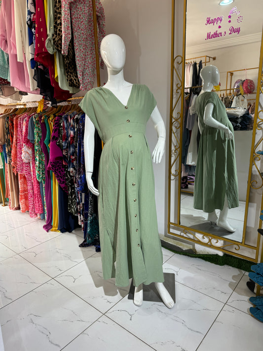 Green Button Front Elastic Waist Back Midi Dress