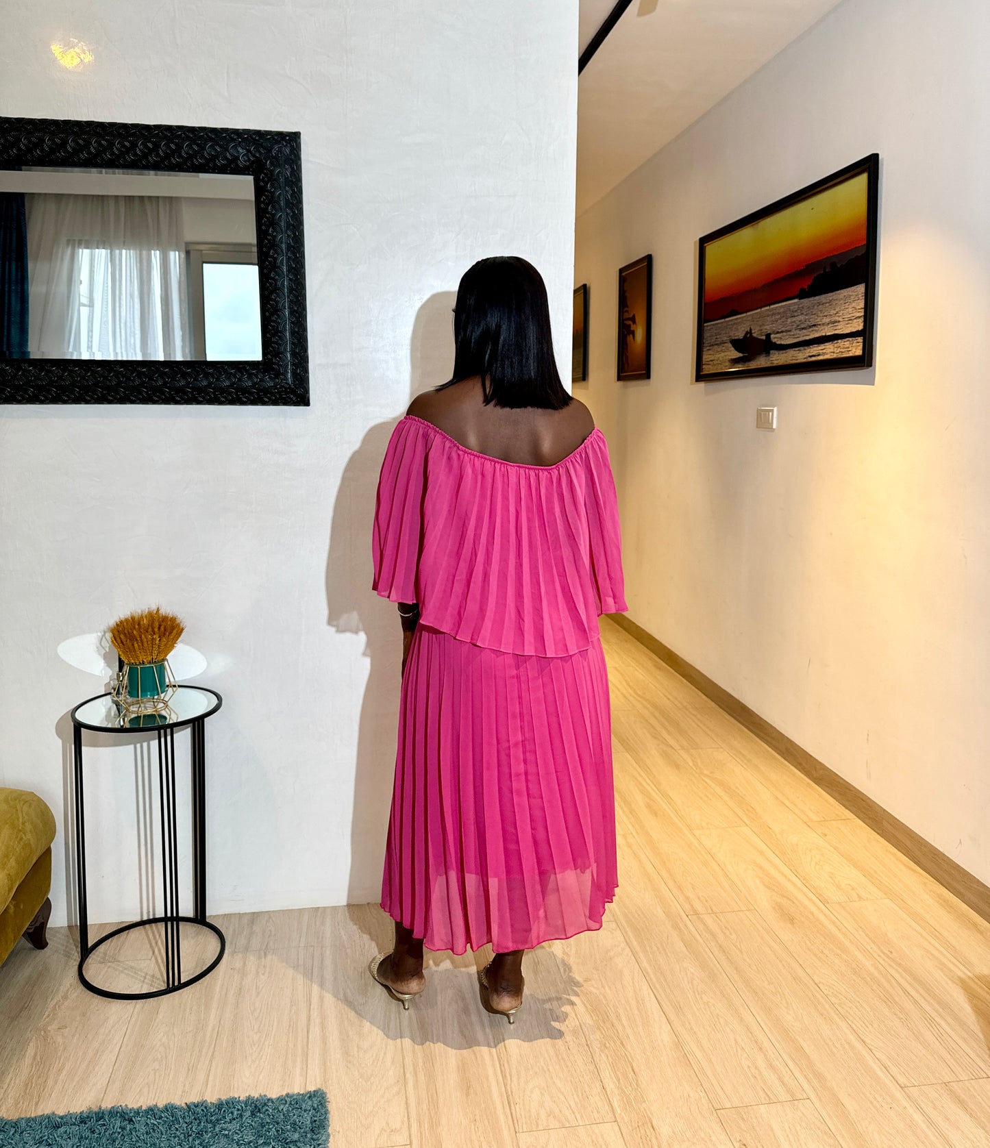 Pink Off Shoulder Overlay Pleated Maternity Dress