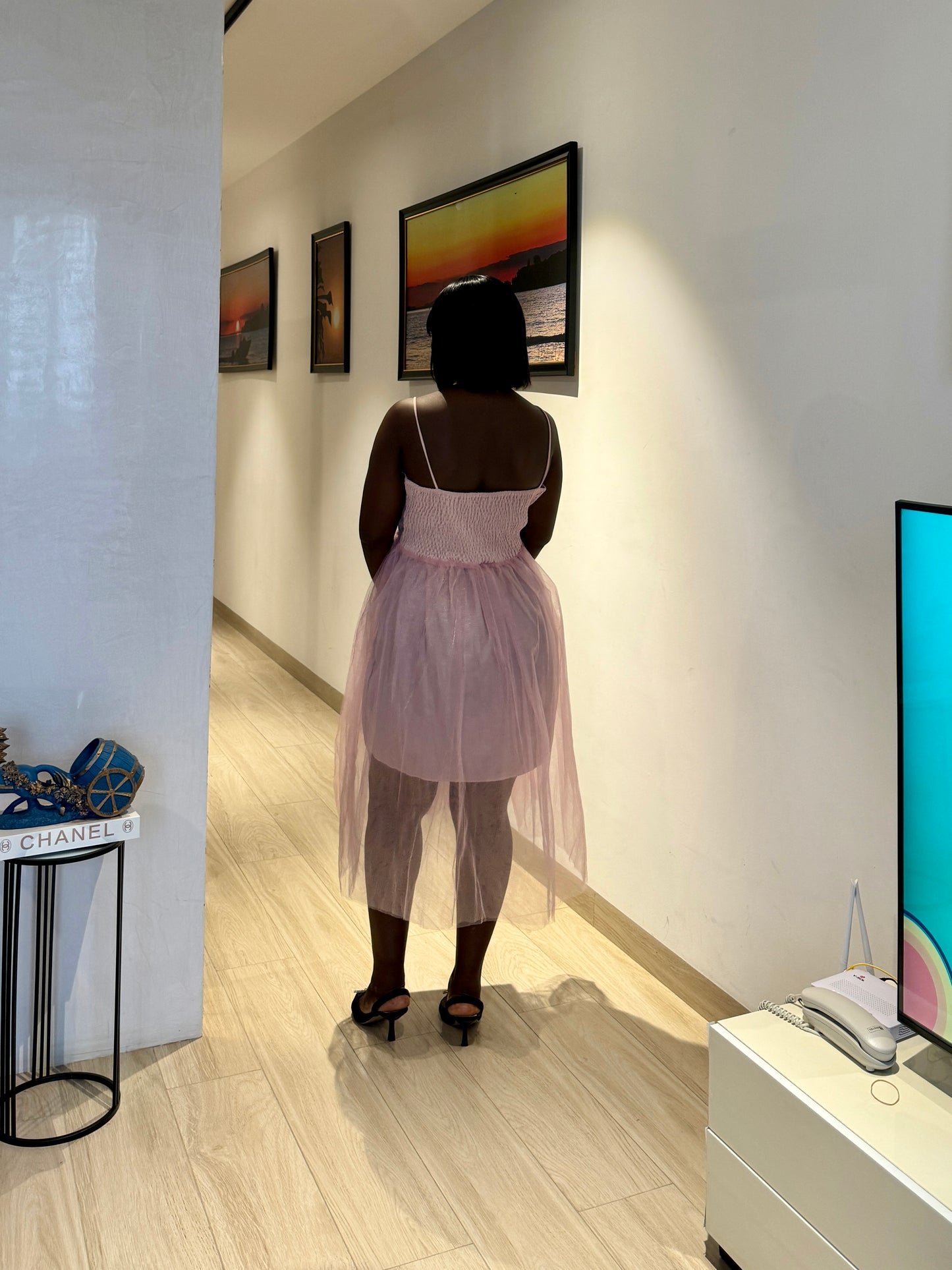 Pink Shirred Back Maternity Tulle Bottom Dress