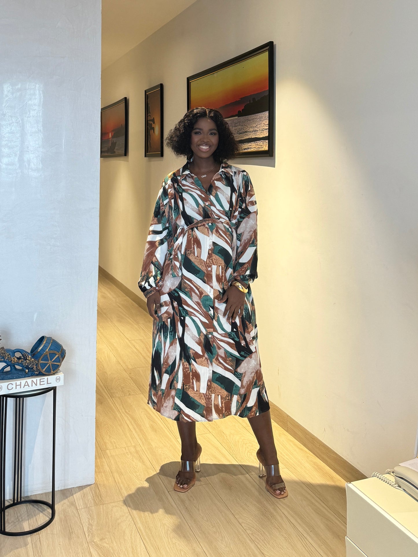 Maternity/Nursing Belted Brown & Green Shirt Dress