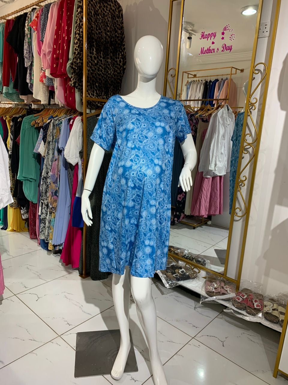 Blue Floral Print Nursing Nightgown