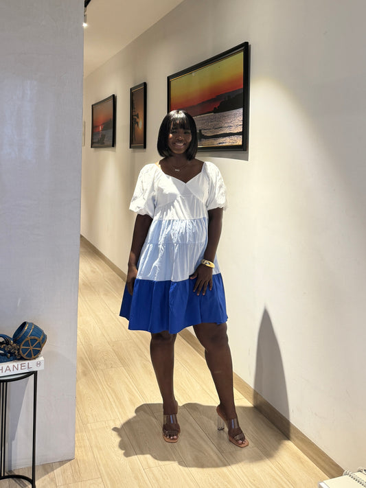 Maternity Blue and White Colorblock  Smock Dress