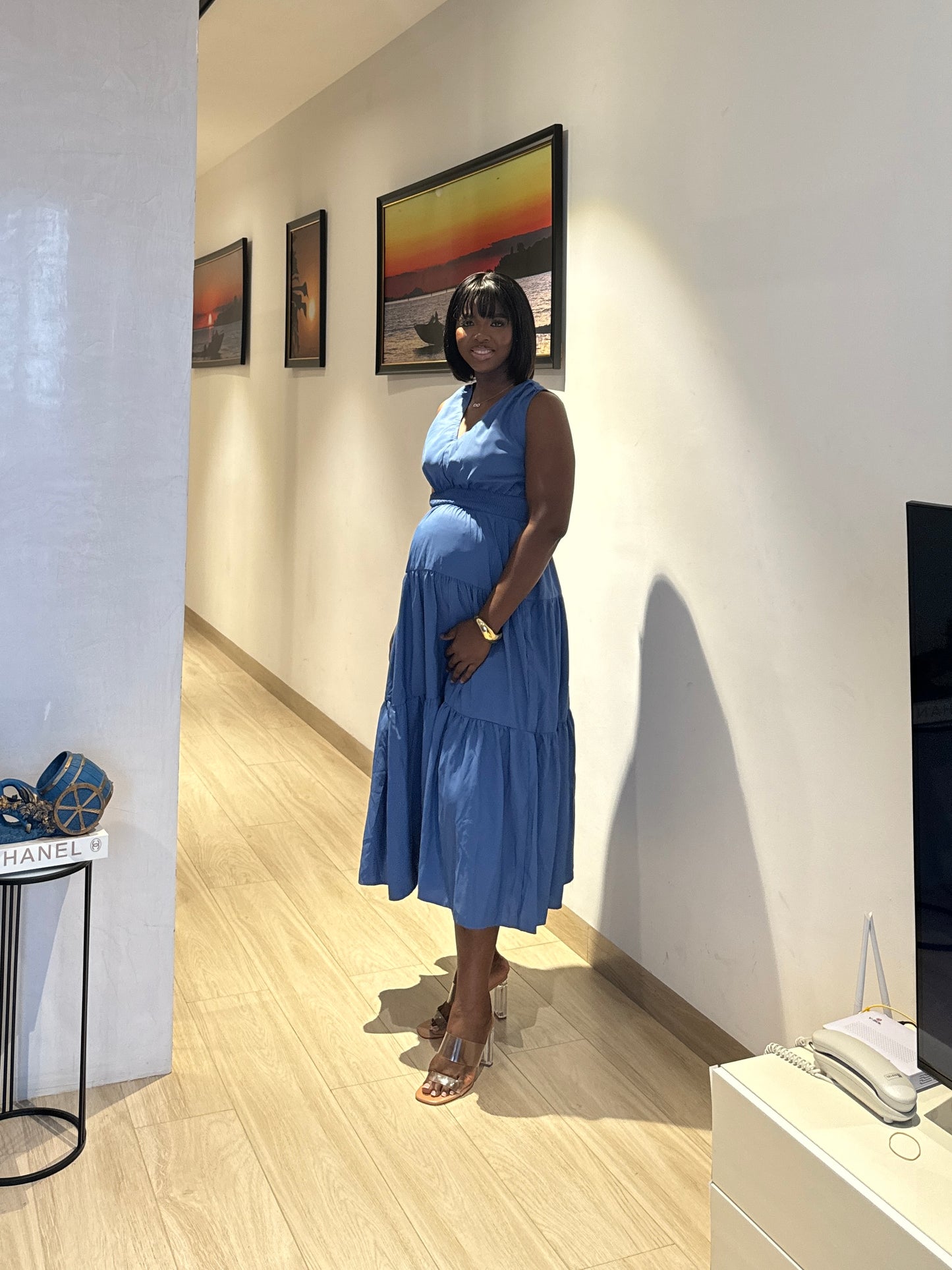 Blue Shirred Waist Tiered Hem Maternity Midi Dress