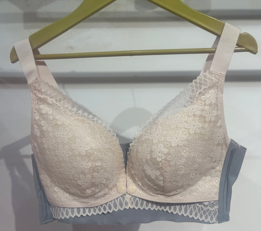Peach Lace Overlay on Grey Front Open Nursing Bra