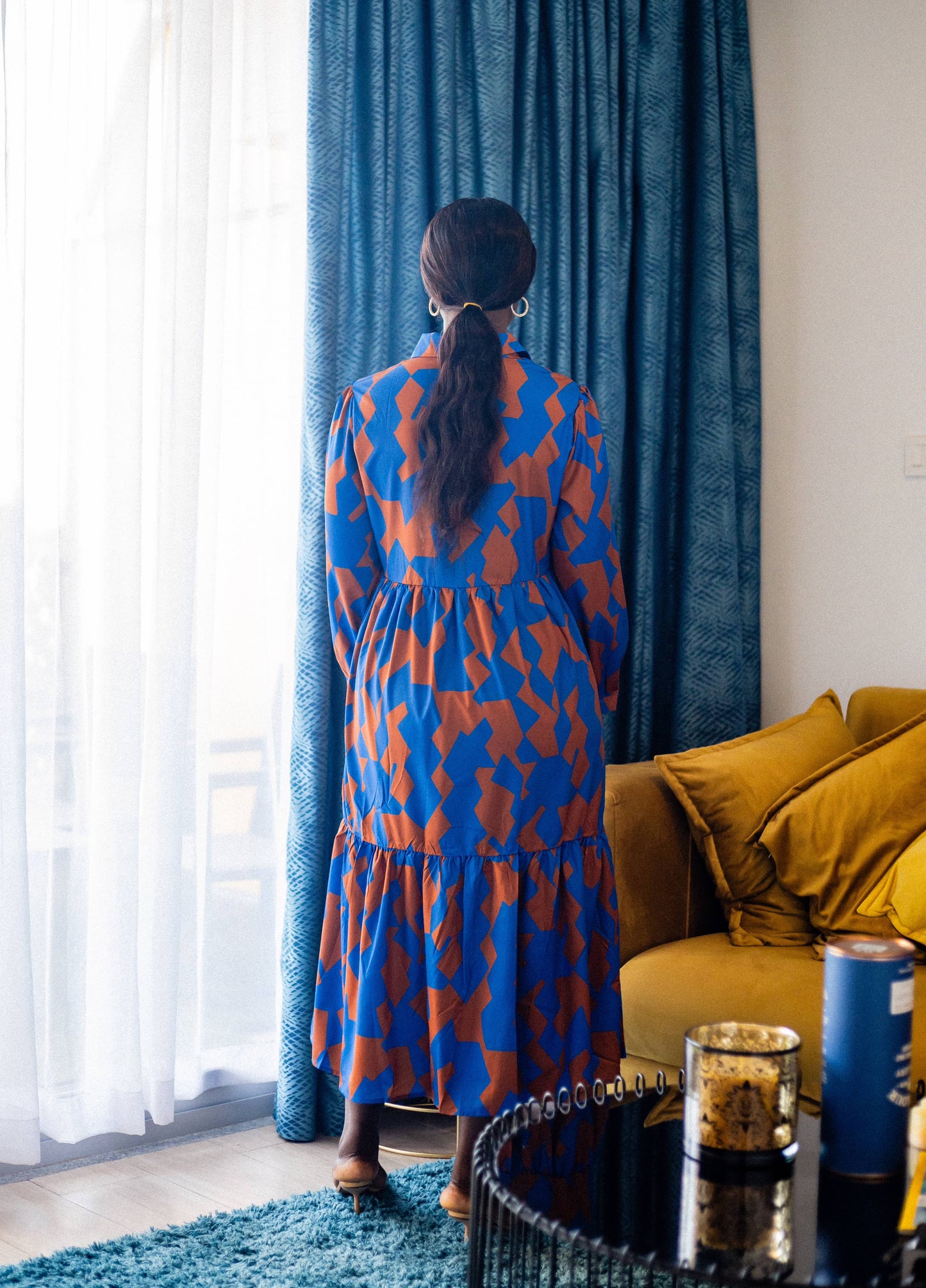 Blue and Brown Maternity/Nursing Tiered Smock Midi dress