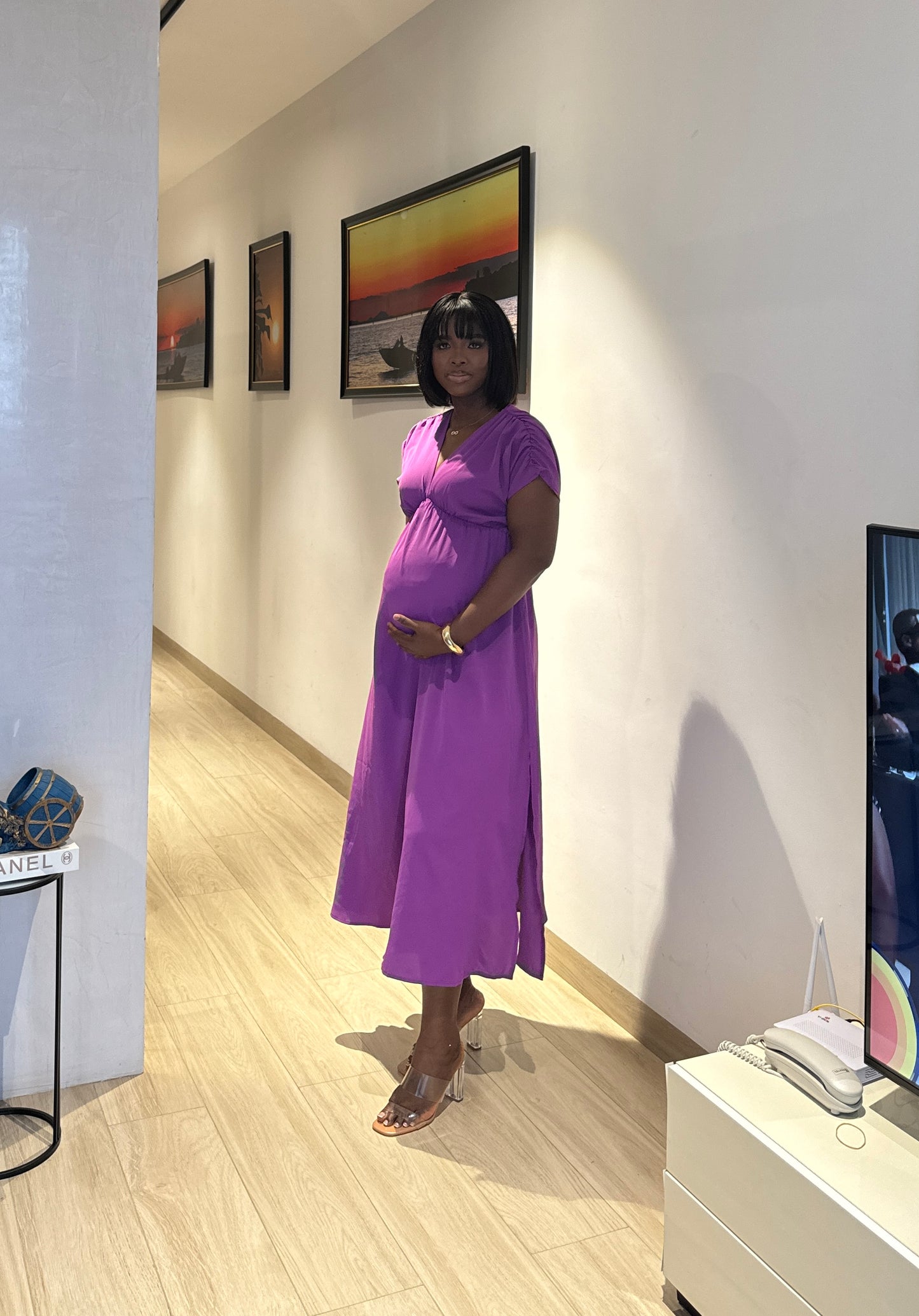 V-Neck Maternity Empire Waist Midi Bump Dress