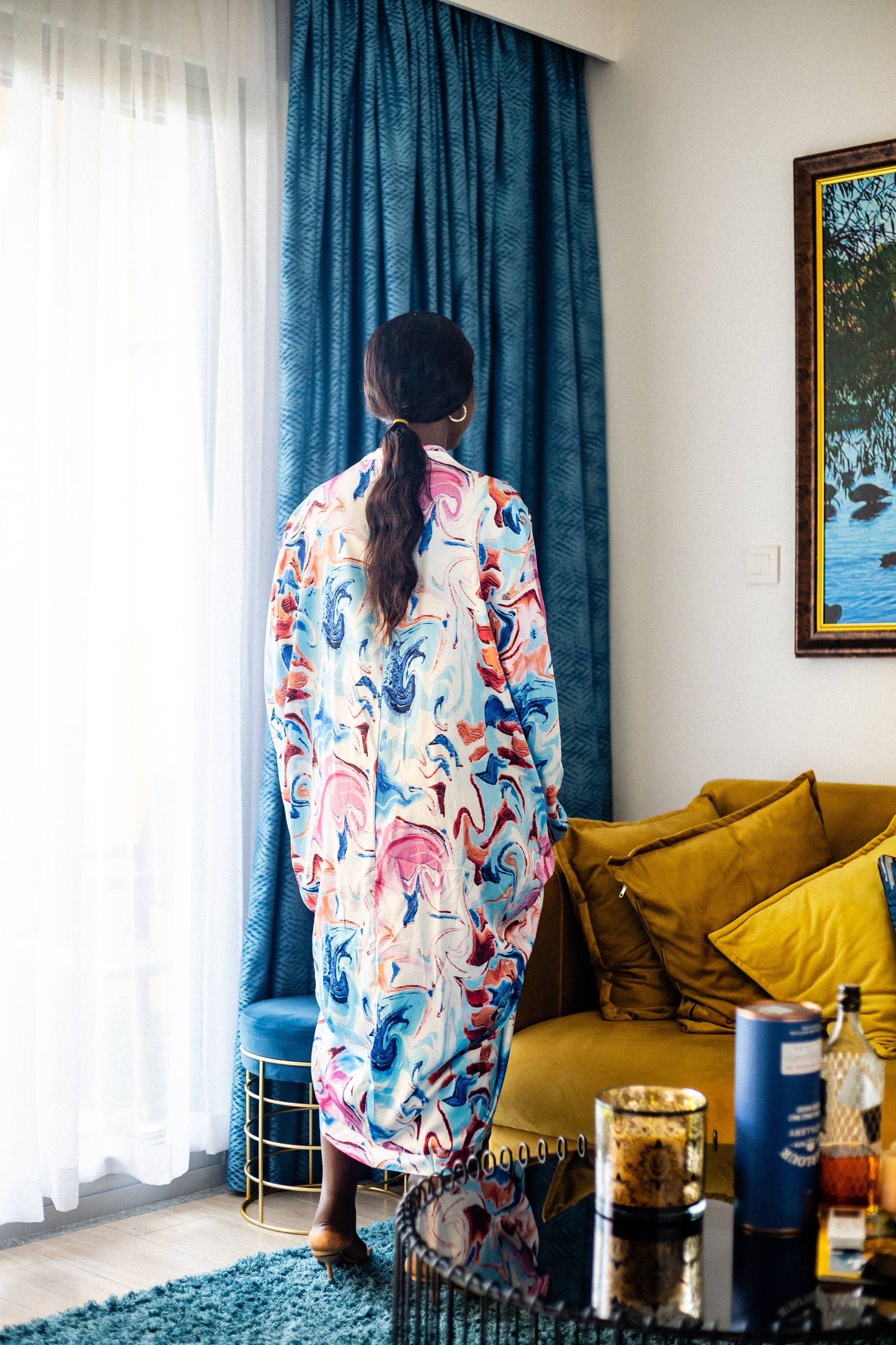Pink and Blue Swirl Print Maternity Kaftan Dress