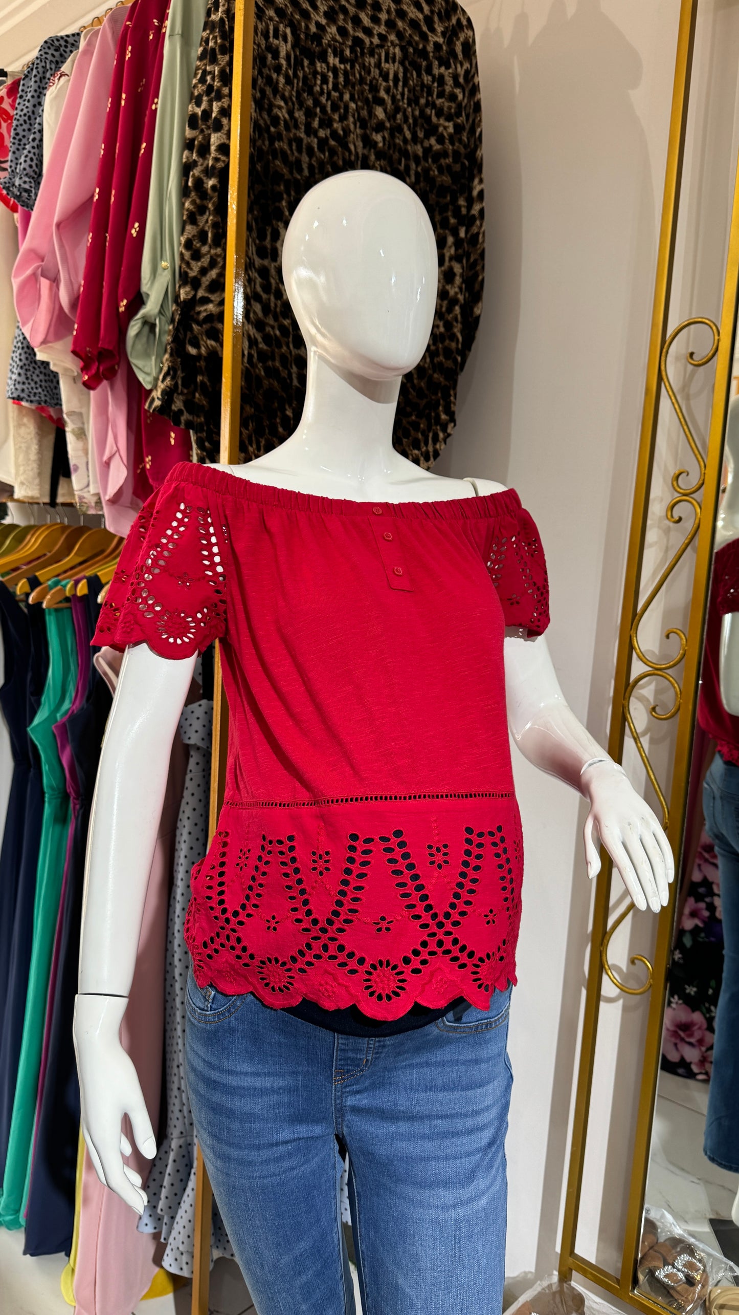 Off Shoulder Embroidered Hem Maternity Red Top