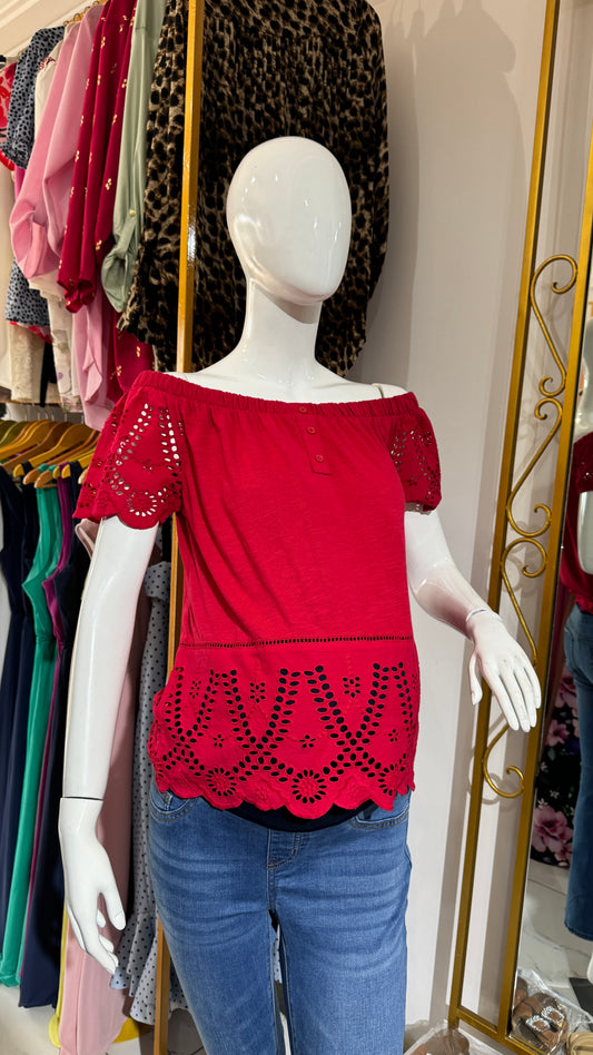 Off Shoulder Embroidered Hem Maternity Red Top