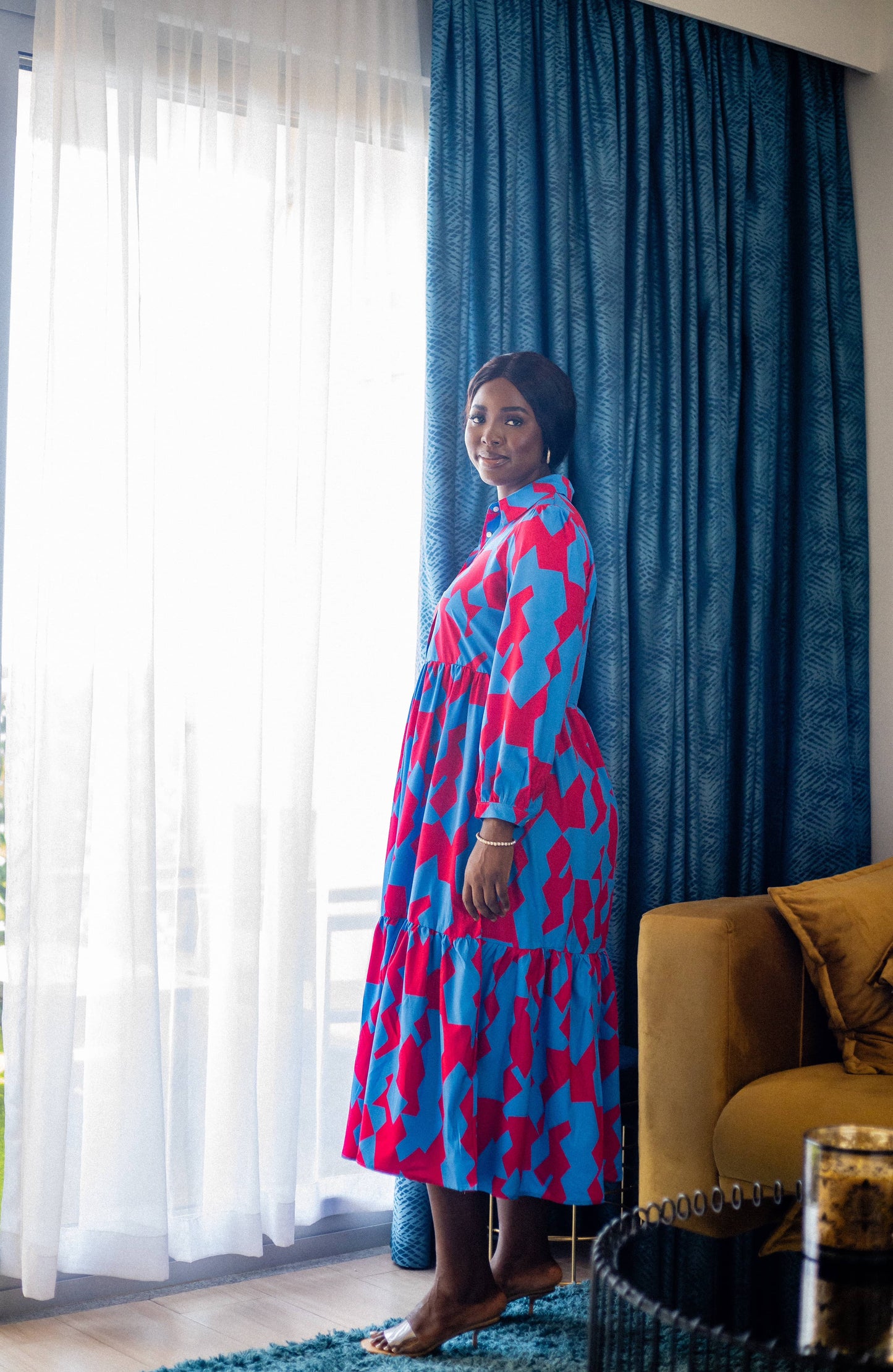 Blue and Fuschia Maternity/Nursing Tiered Smock Midi dress