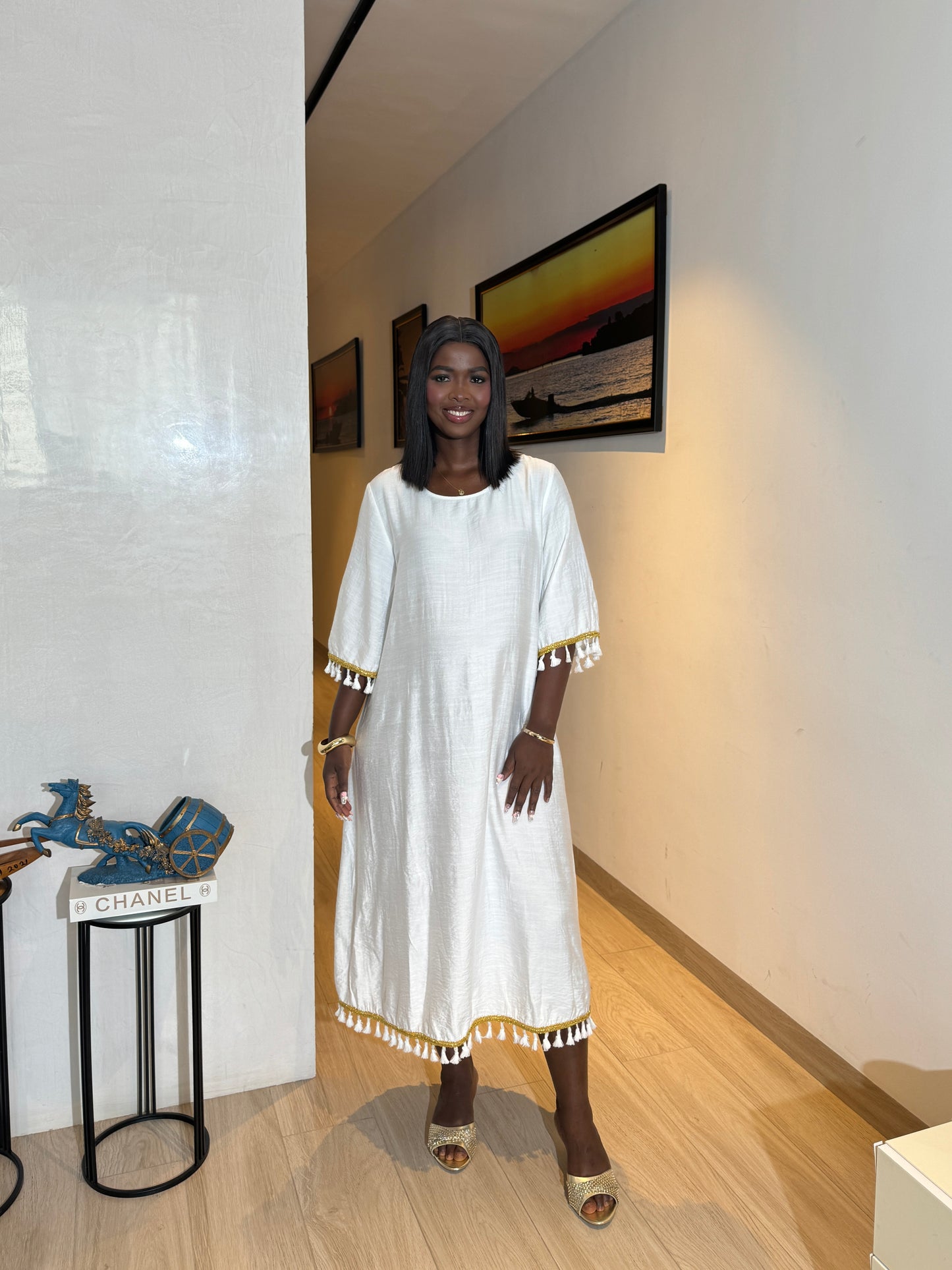 Gold Trim White Loose Midi Dress