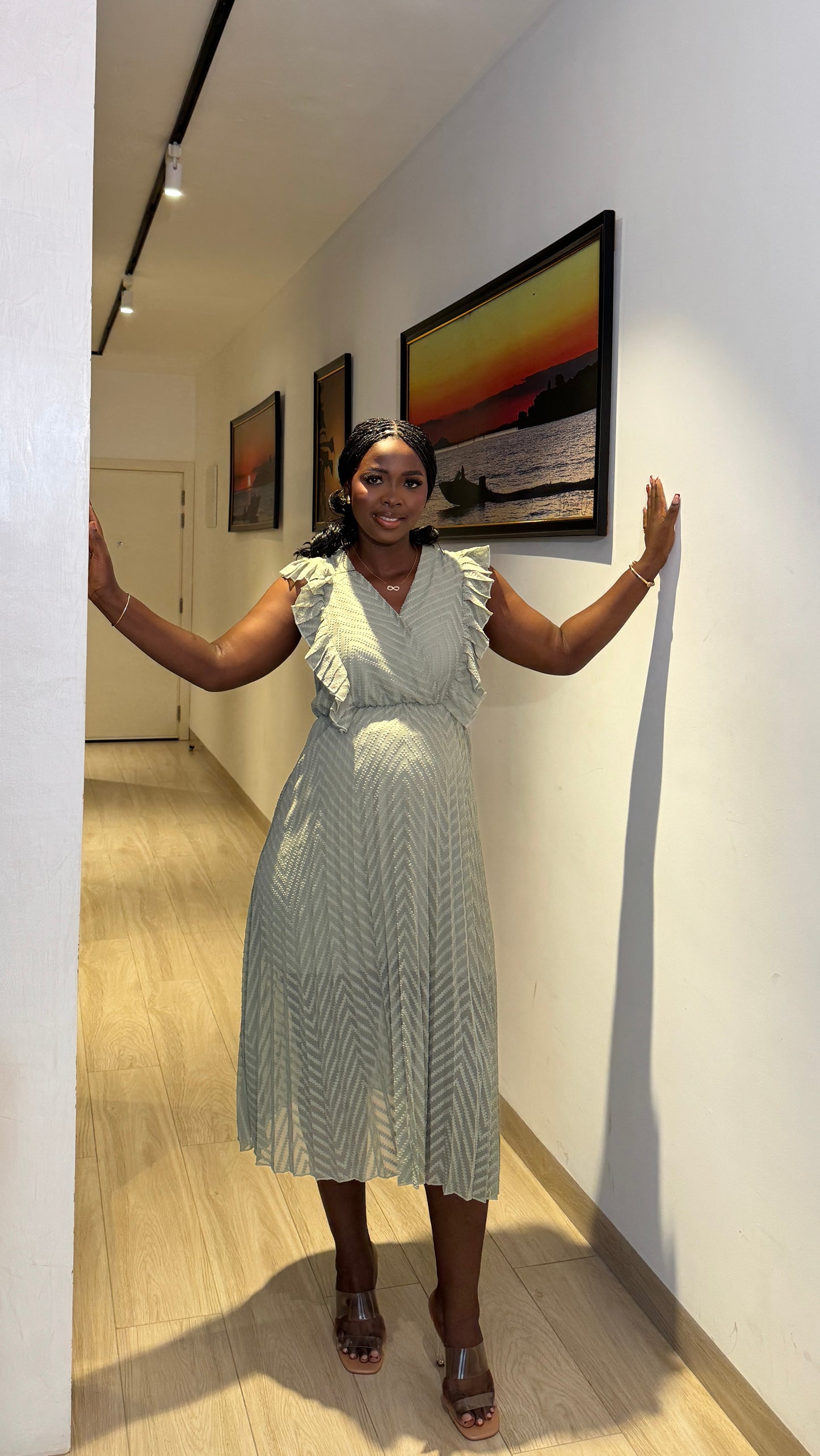 Green Allover Pleated Frill Bust Dress