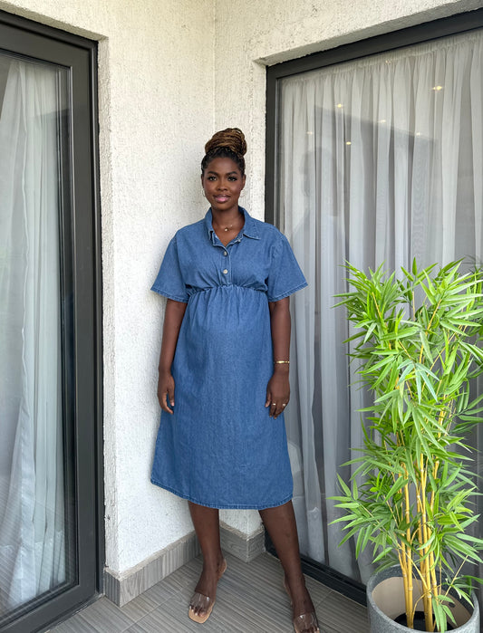 Button Top Elastic Waist Maternity/Nursing Denim Skater Dress