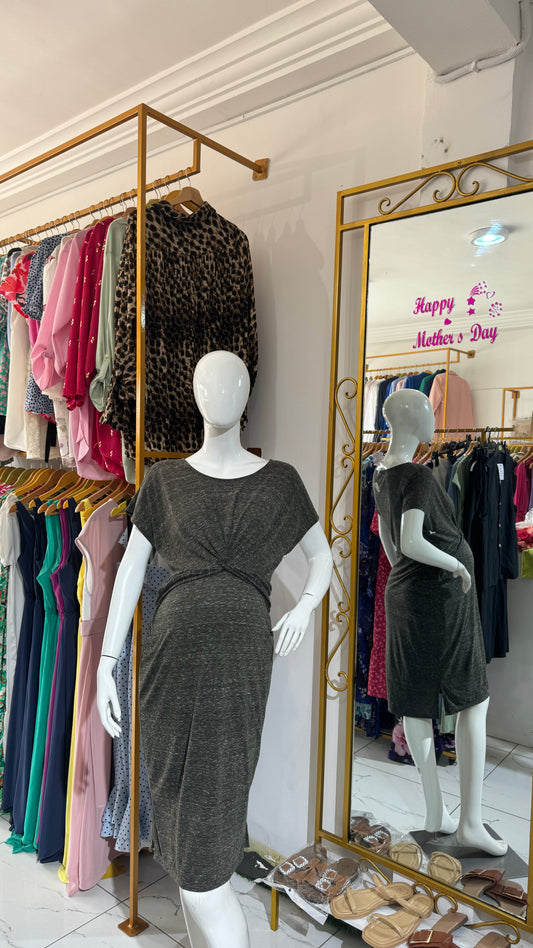Grey Ruched Front Textured Maternity Dress
