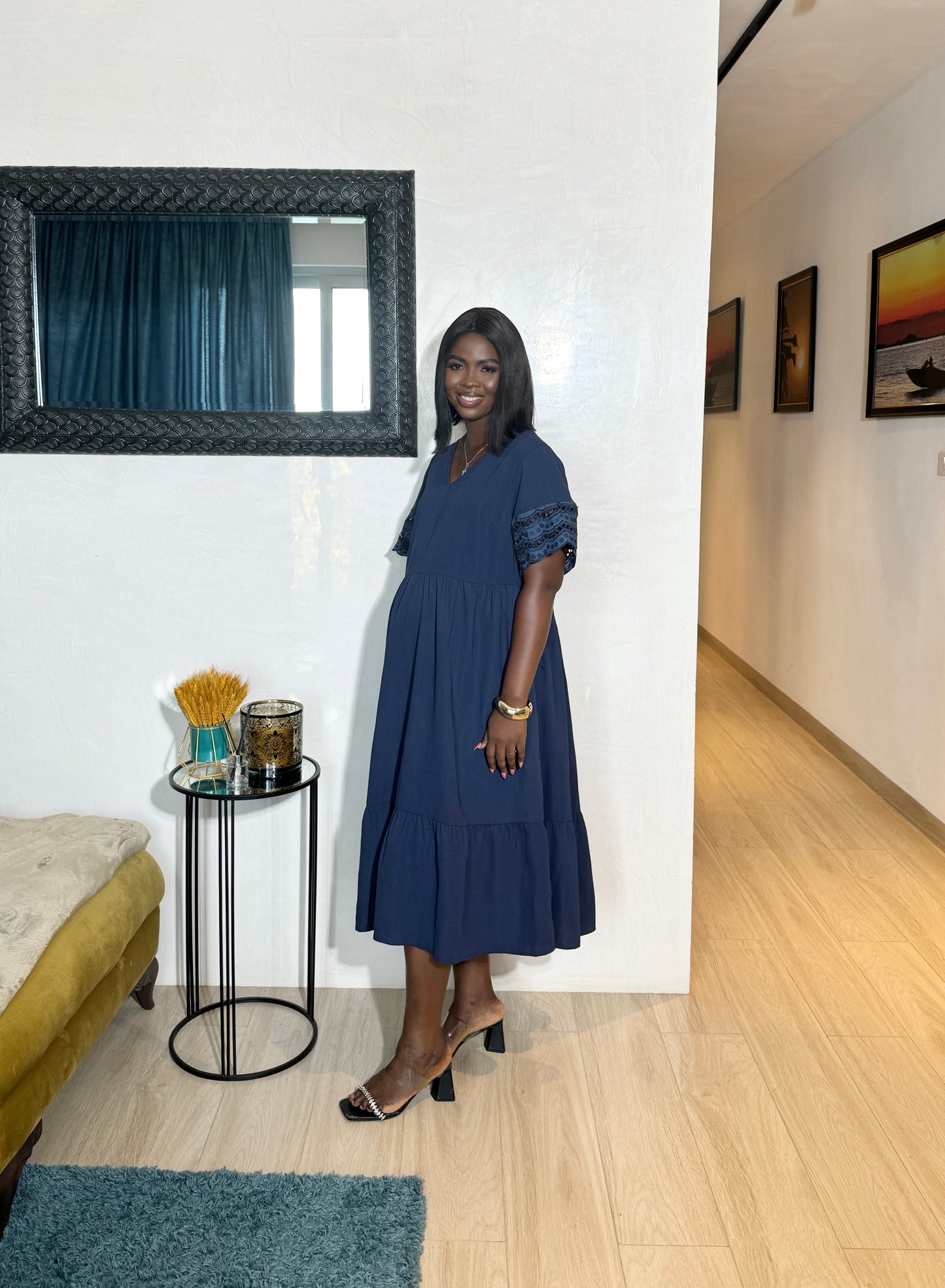 Tiered Maternity Navy Midi Smock Dress