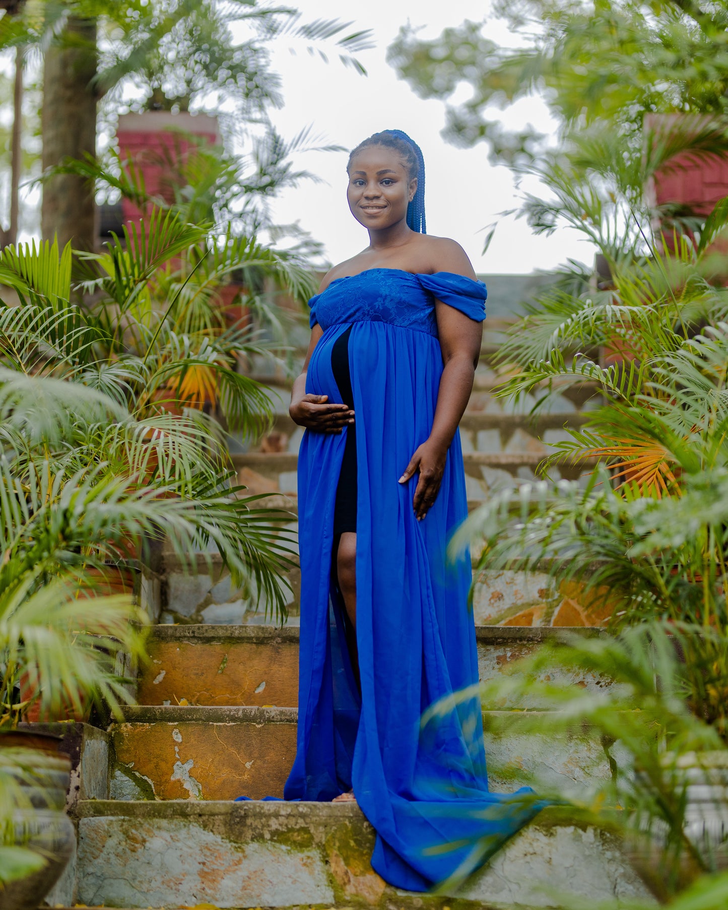 Blue Front slit Bardot Maternity shoot gown