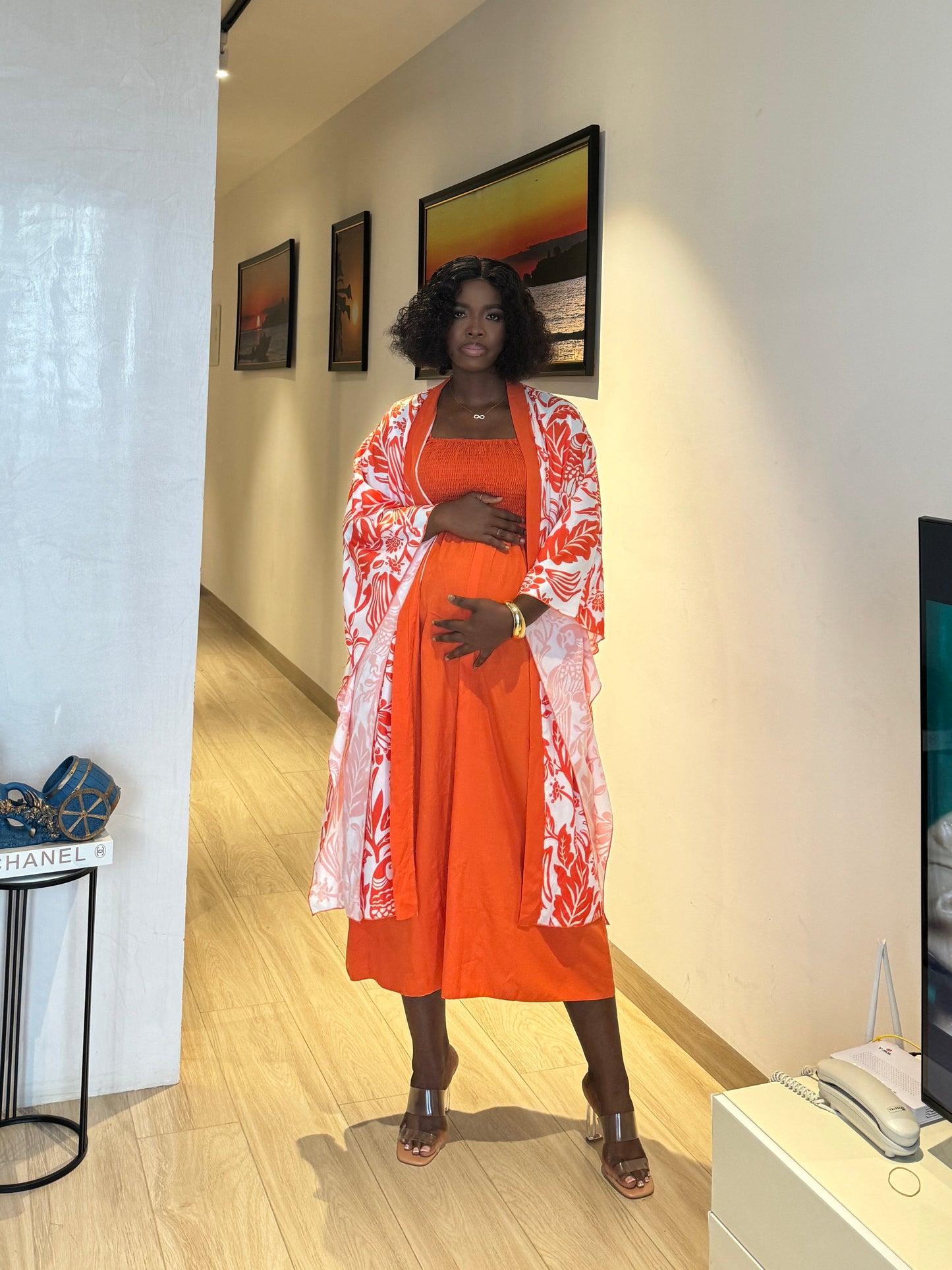 Orange Maternity 2in1 Kimono Dress Set