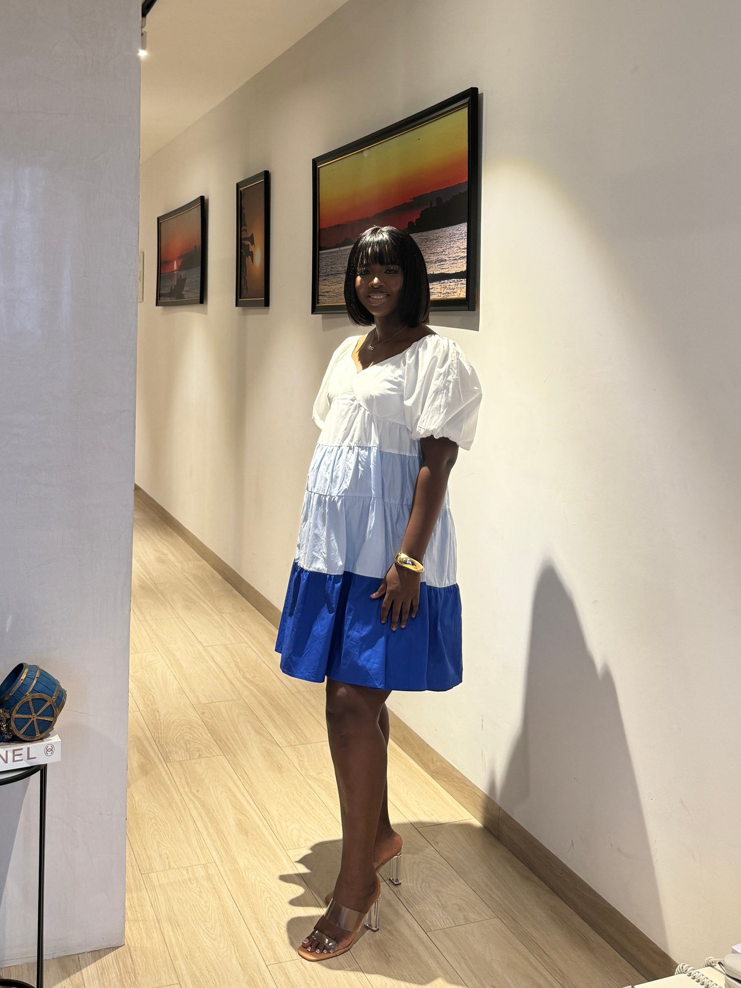 Maternity Blue and White Colorblock  Smock Dress